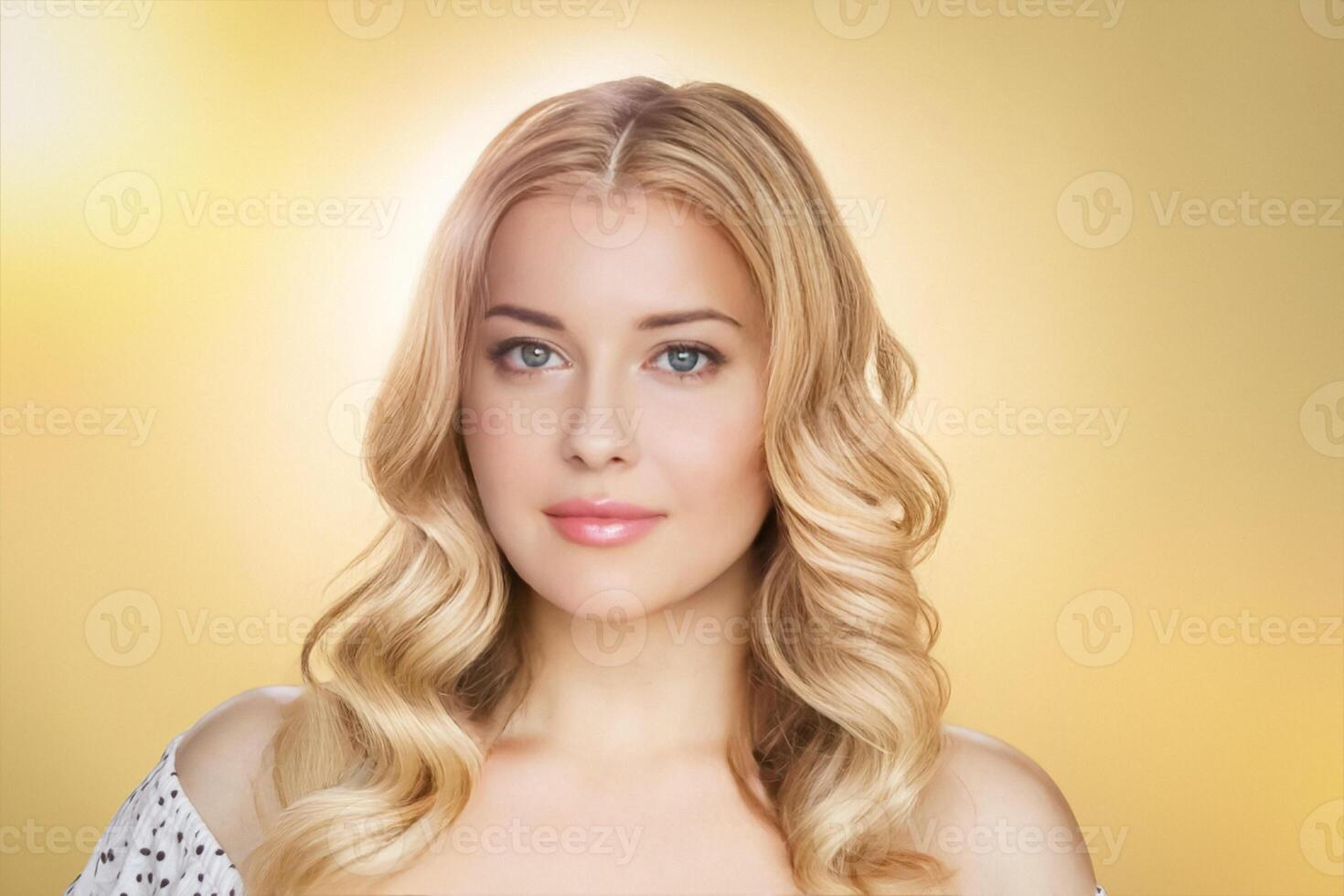Woman, beauty and elegance, golden background and soft curls. Blonde beautiful woman, flawless skin and glowing confidence, fashion and glamour photo