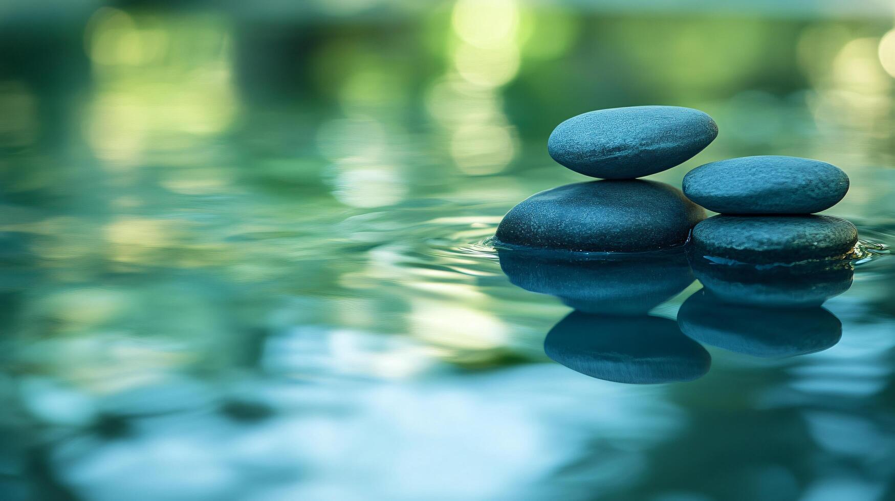 Three large rocks are floating on the surface of a calm body of water. The water is a deep blue color, and the rocks are scattered throughout the scene photo