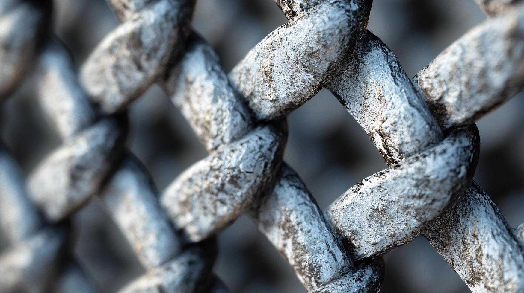 Close up of a chain link fence with a chain link fence. The chain link fence is rusted and dirty, giving it a worn and weathered appearance photo