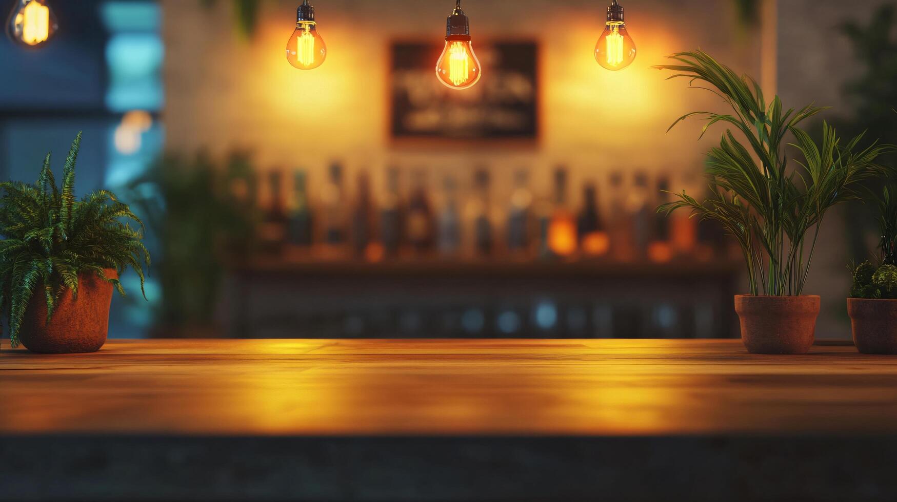 Bar with a wooden counter and a few potted plants. Scene is relaxed and inviting photo