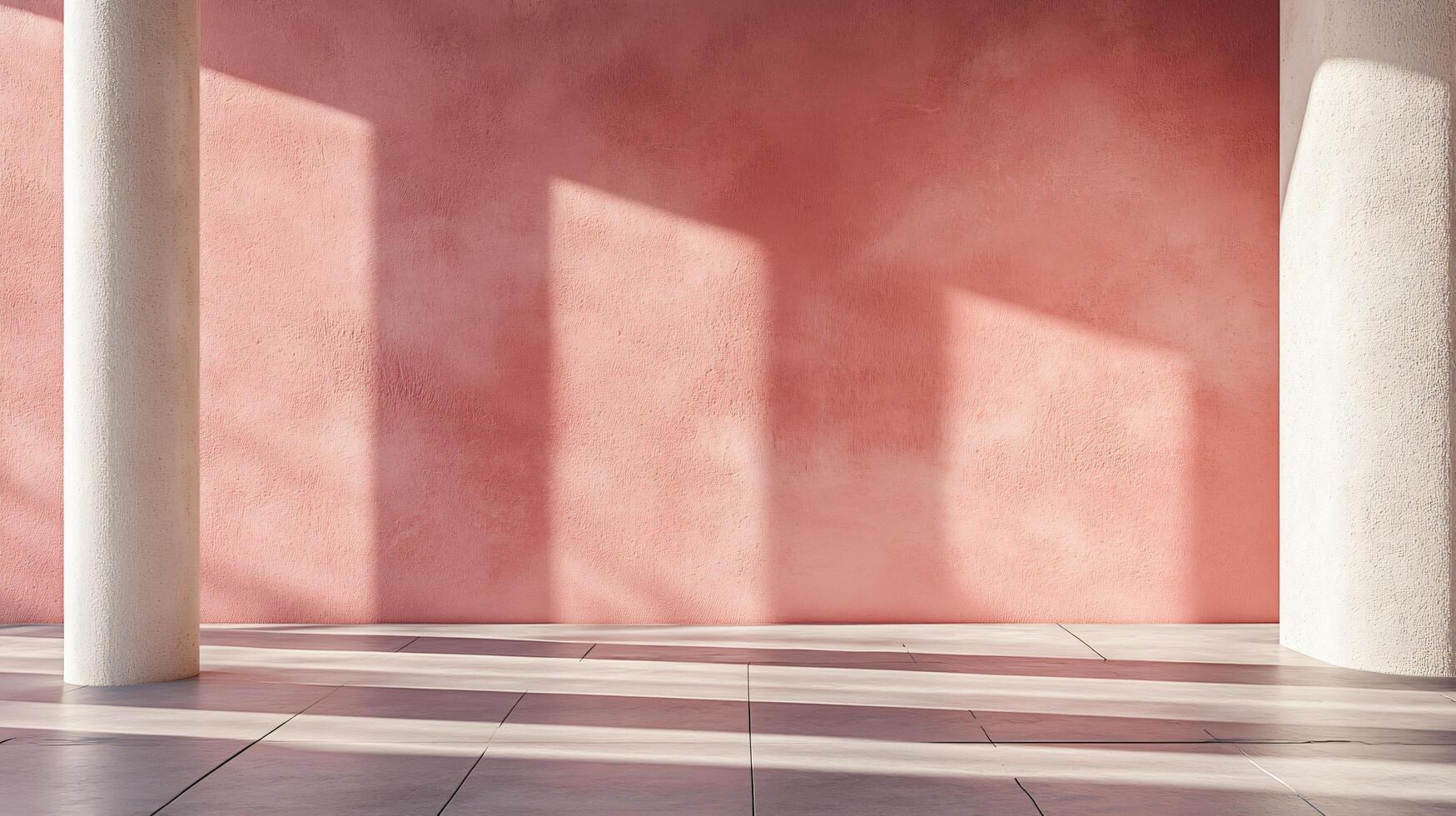 Pink wall with a white ceiling and a white floor. The wall is covered in a textured material, and the floor is made of tiles. The room is empty, with no furniture or decorations photo
