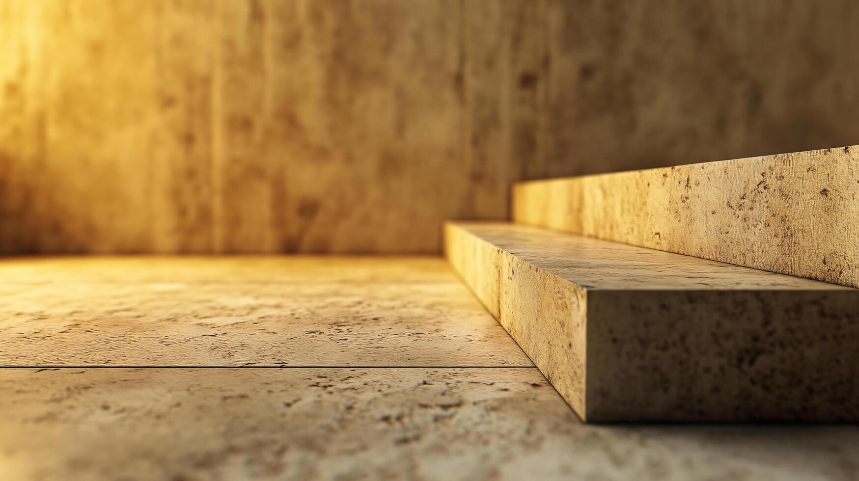 Staircase is shown in a room with a tan color. The staircase is made of concrete and has a rough texture. The room is empty, and the staircase is the only object in the scene photo