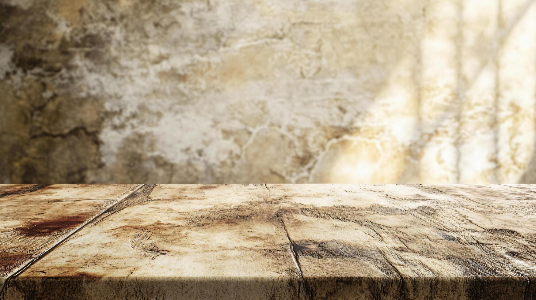 Wooden table with a wall behind it. The wall is made of stone and has a window in it. The table is empty and has a light shining on it photo
