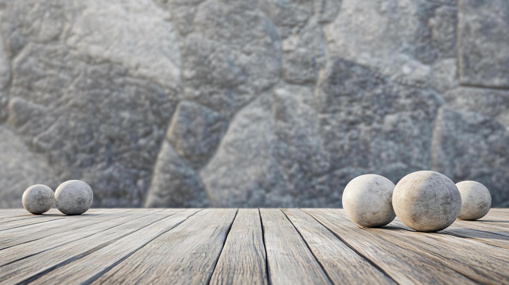 Wooden table with three white balls on it and a wall behind it. The balls are placed in a row and the table is empty photo