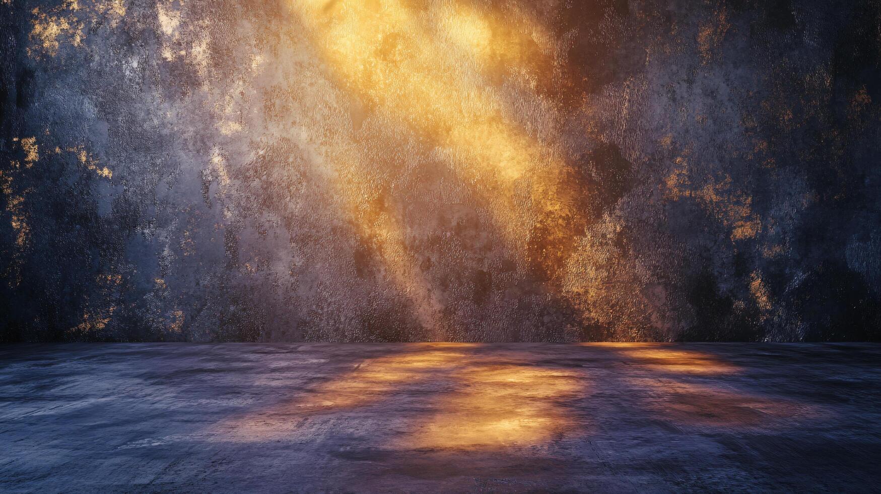 Large empty room with a wall that is covered in a pattern of small squares. The room is lit by a bright light shining on the wall photo