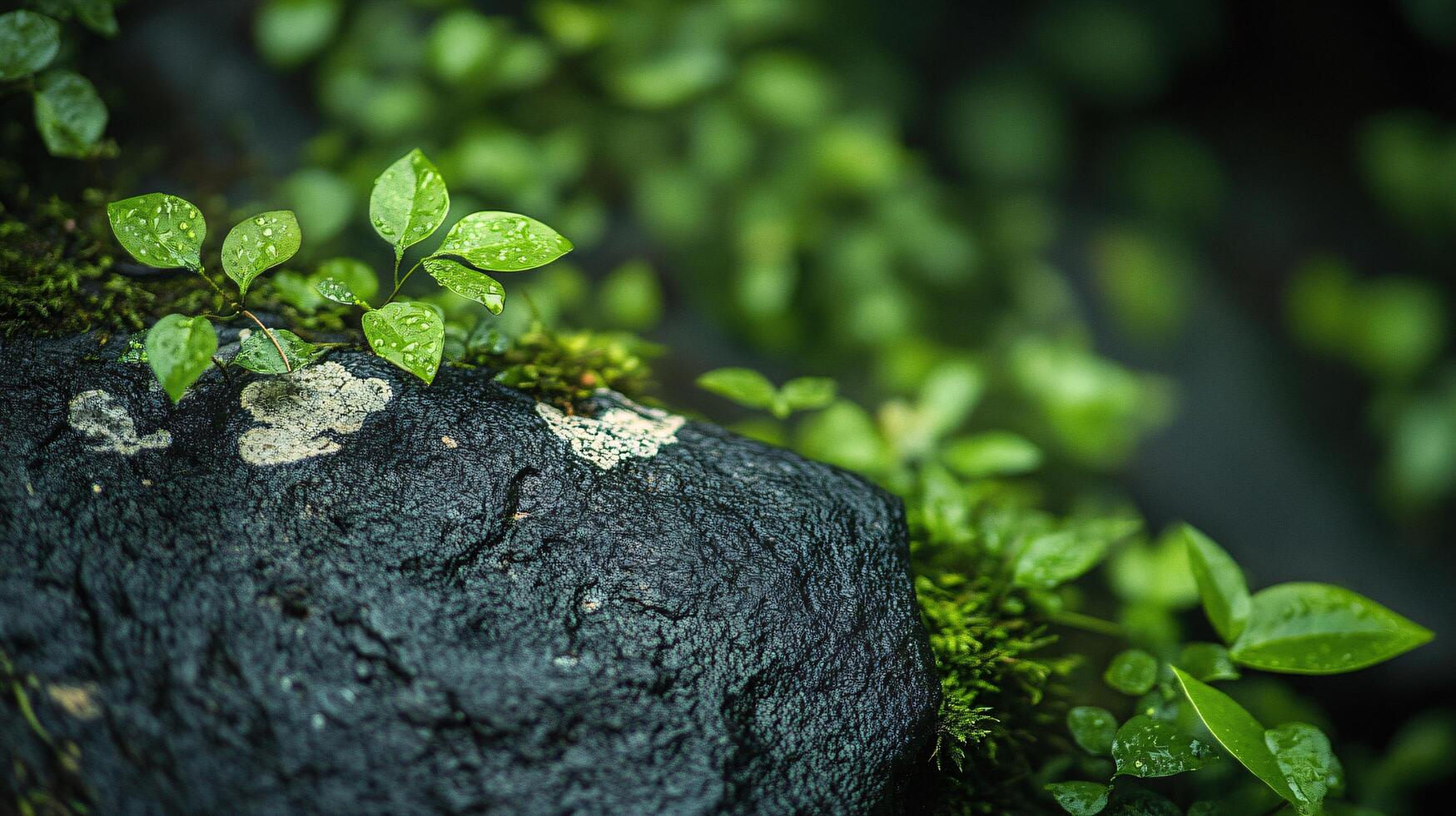 Rock covered in green moss and leaves. The rock is surrounded by a lush green area photo