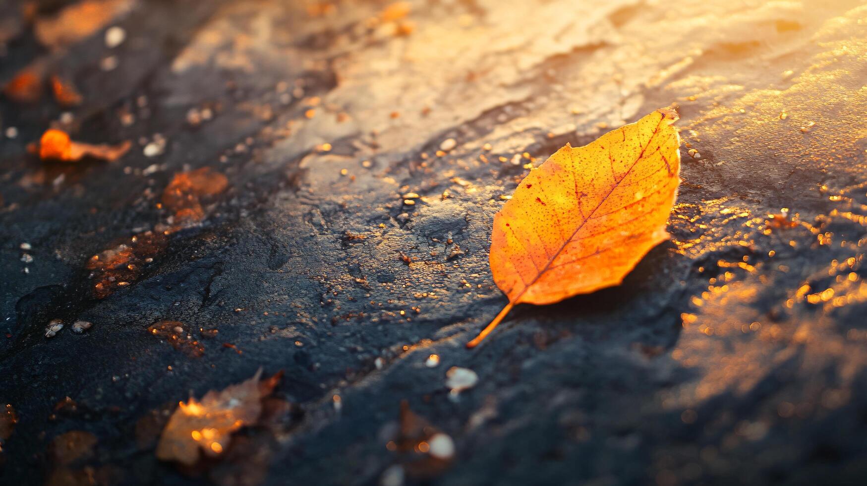 Leaf is on the ground next to a body of water. The leaf is orange and the water is dark blue photo