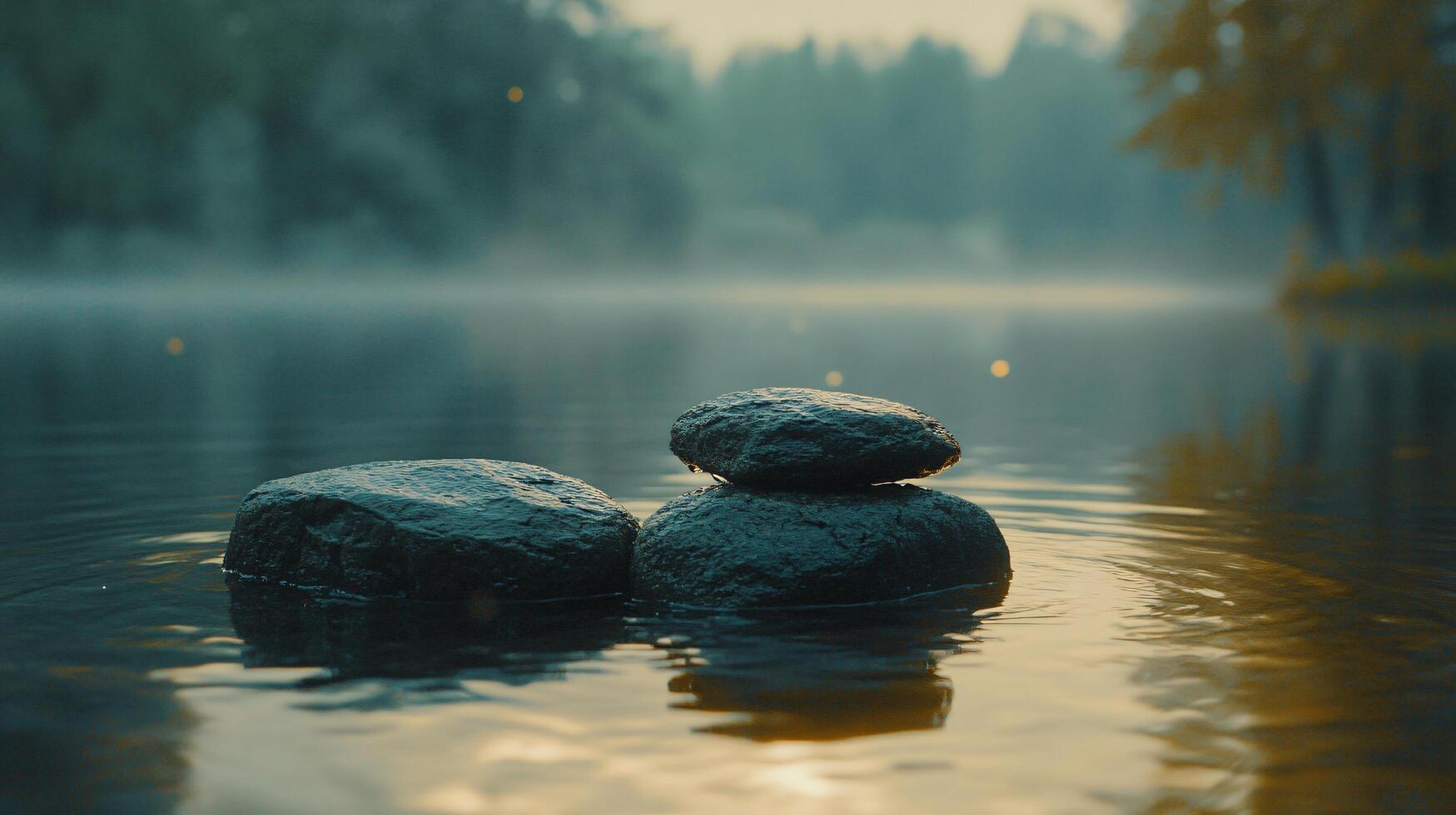 Three large rocks are floating on the surface of a lake. The water is calm and still, with a misty fog hovering over the trees in the background. The scene is serene and peaceful photo