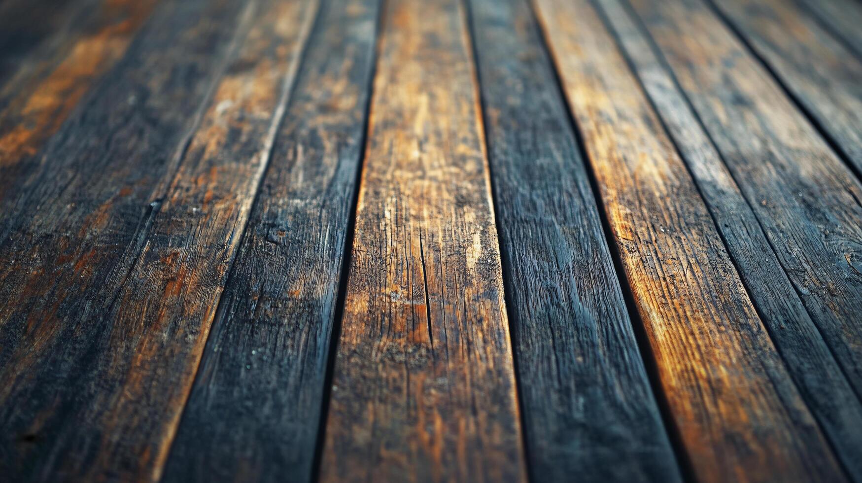 The image is of a wooden floor with a dark brown color. The floor is made of wood and has a natural, rustic look to it. The floor appears to be old and worn, with some areas showing signs of wear photo