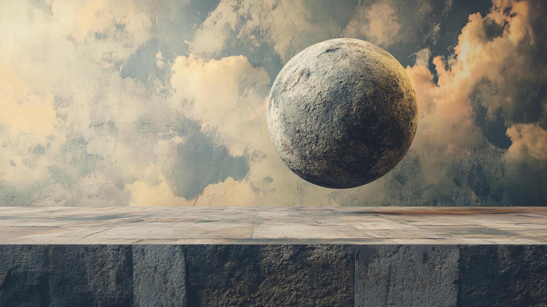Large, grey, rocky planet is floating in the sky above a rocky, grey, stone surface photo