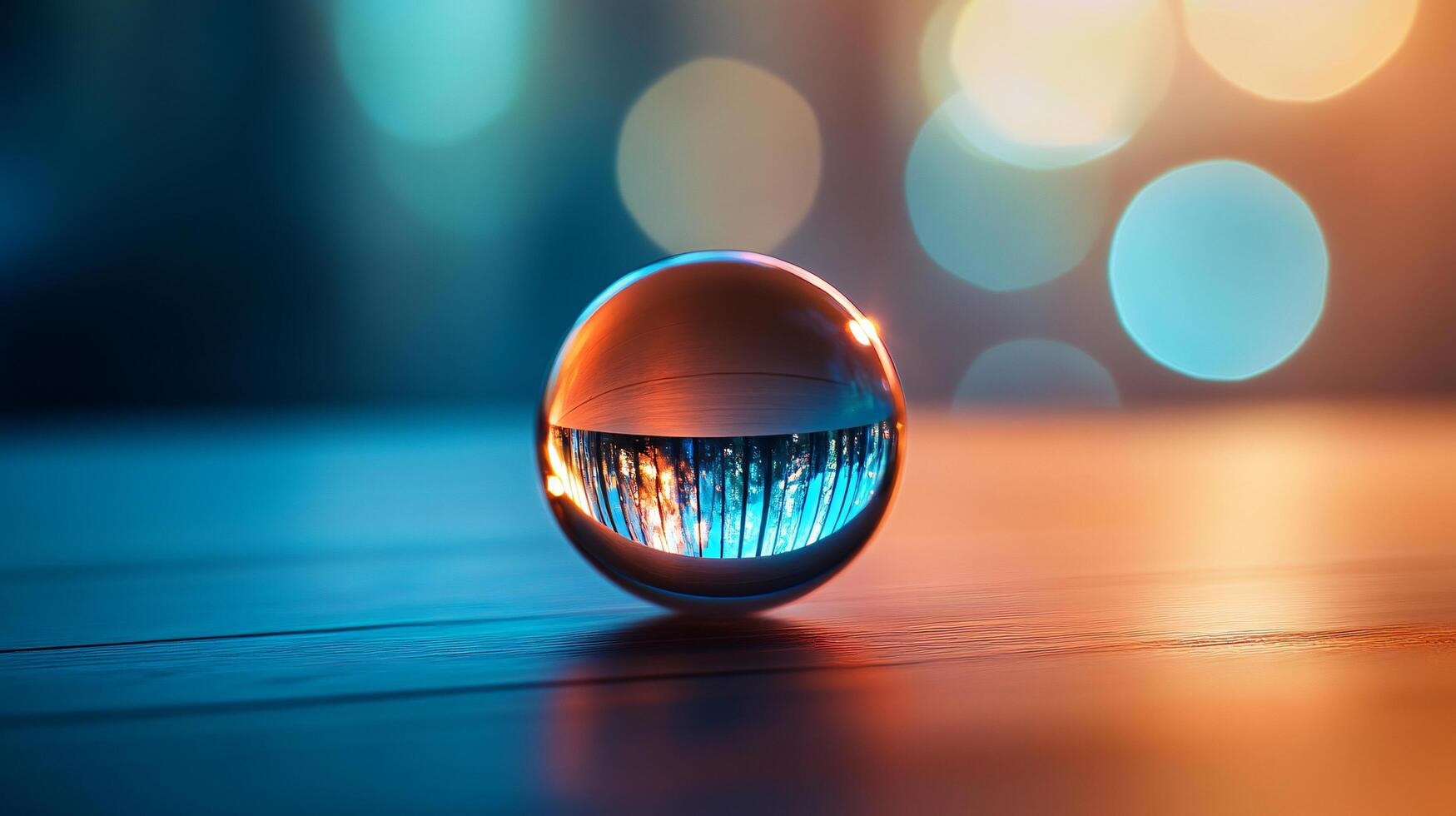 Glass ball with a blue and orange reflection on it. The reflection is of a forest and the ball is floating on a table photo