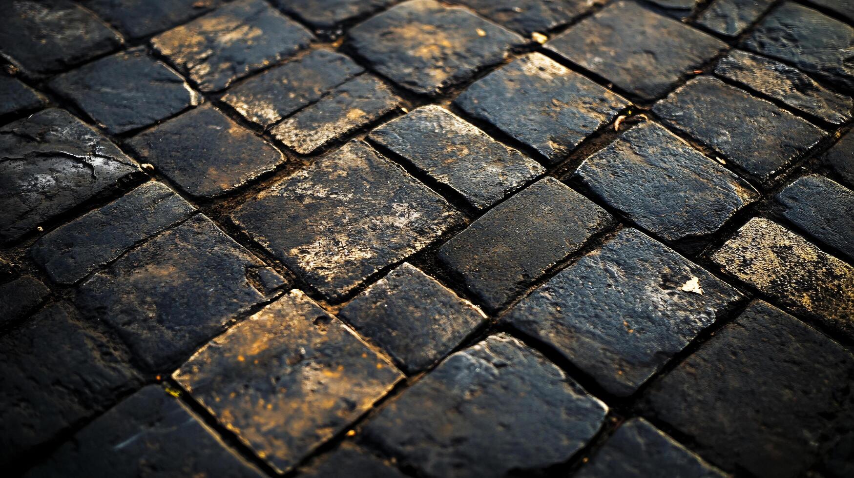 The image is a close-up of a tiled floor with a yellowish tint. The tiles are black and white, giving the floor a vintage and timeless appearance. The yellowish tint adds a warm photo