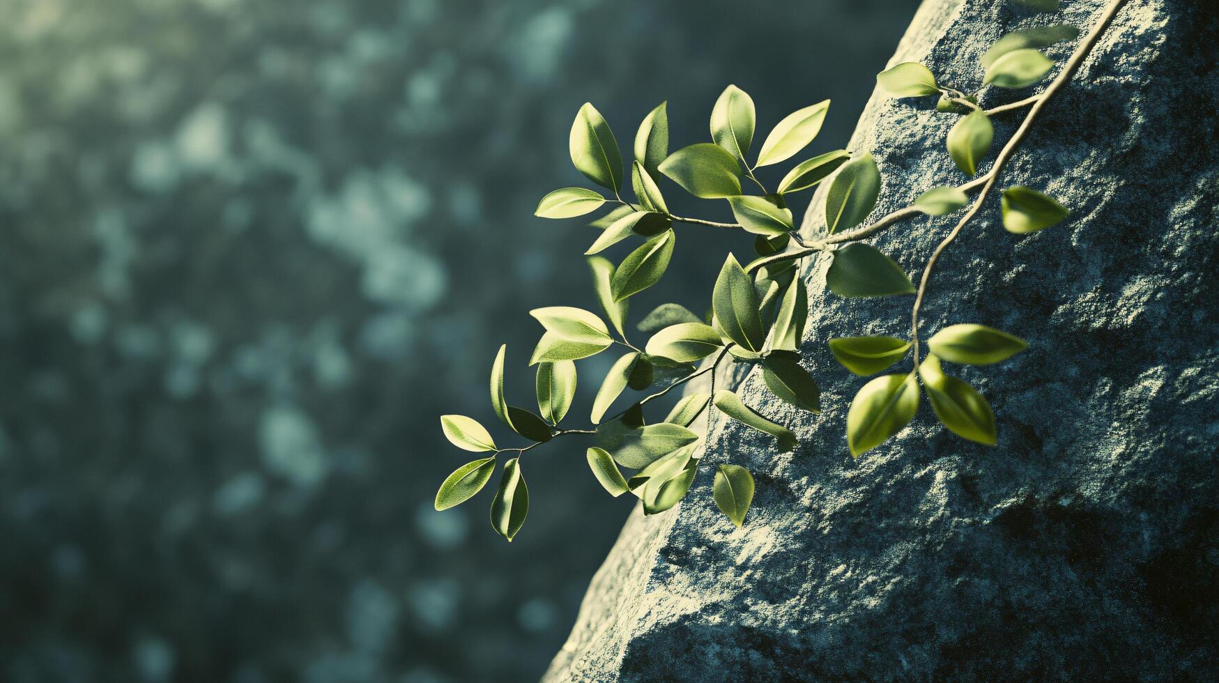 Leafy branch is growing on a rock. The rock is grey and the leaf is green photo