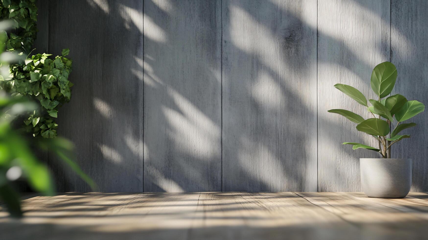 Potted plant sits on a wooden table in front of a wall. The plant is a small fern, and it is placed in a grey ceramic pot. The table is empty, and the wall is made of wood photo