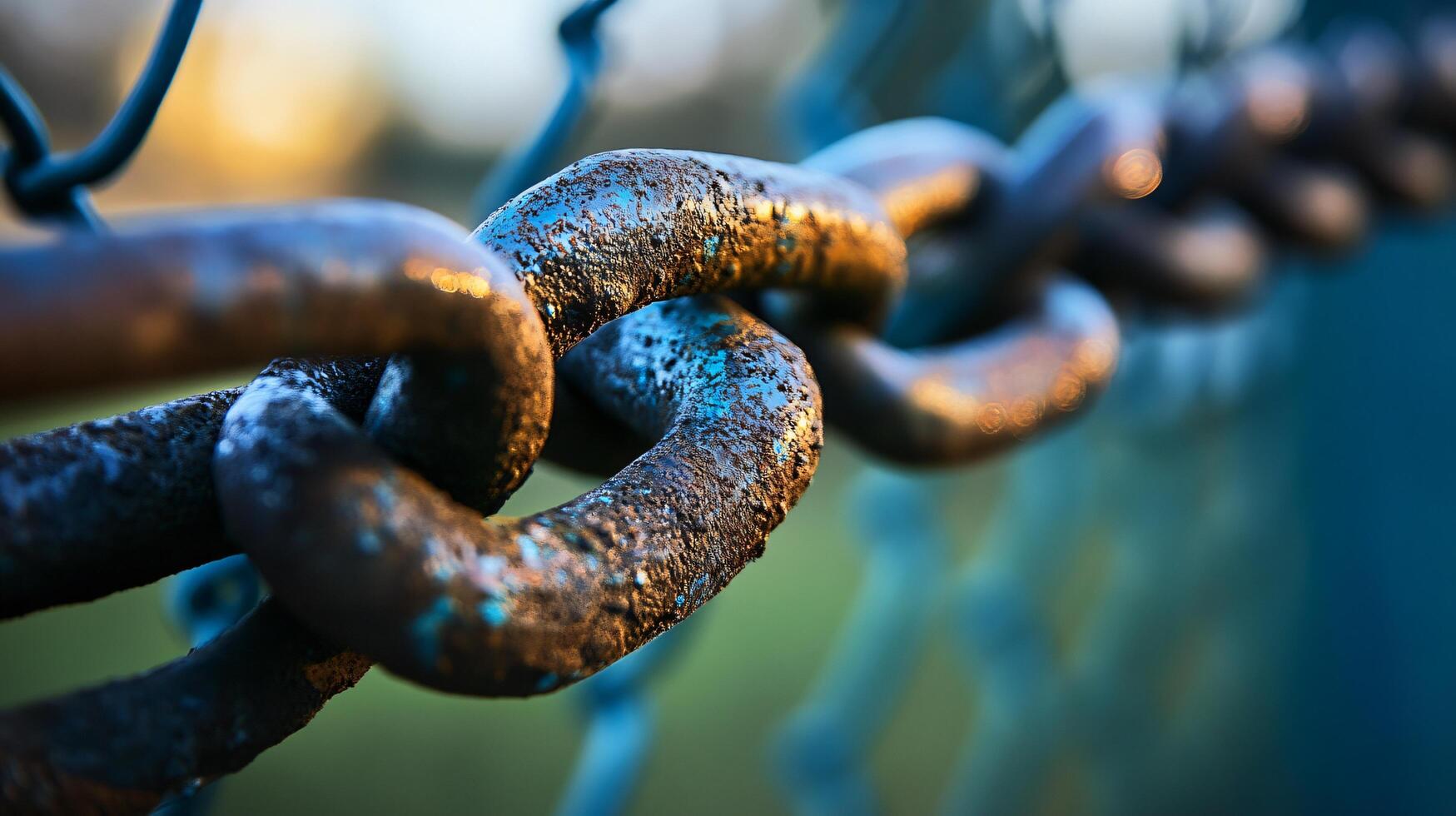Chain link fence with a chain link fence. The chain link fence is rusted and has a blue tint photo