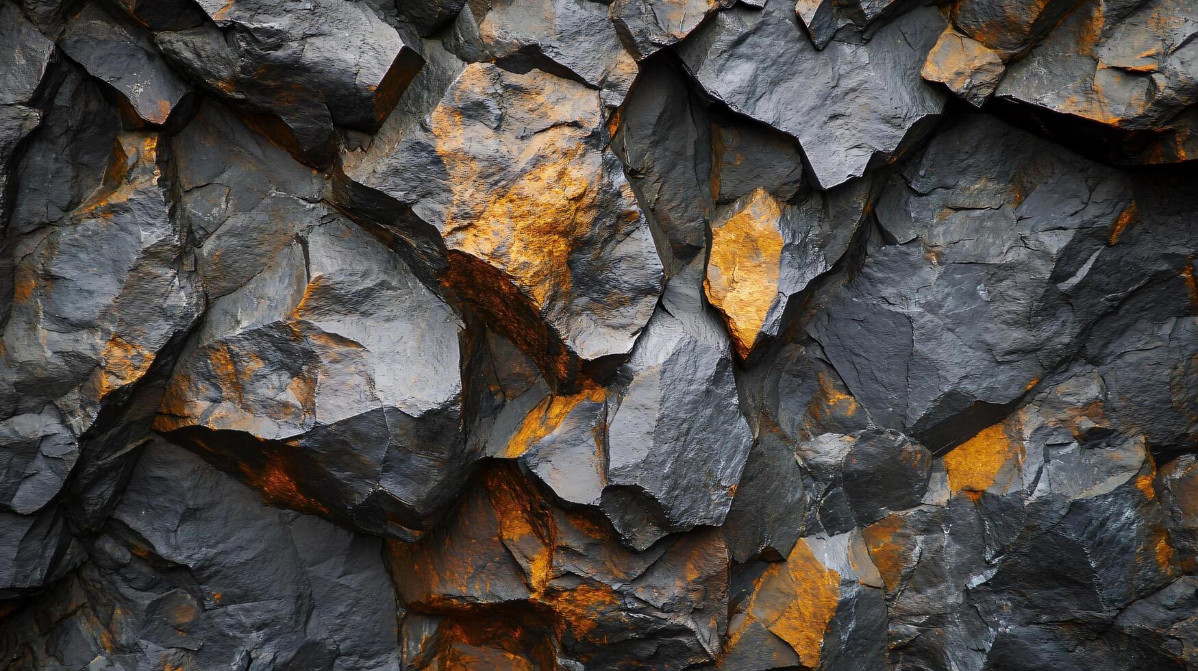 Close up of a rock wall with a lot of texture and a few orange spots. The wall is made of black and gray rocks photo