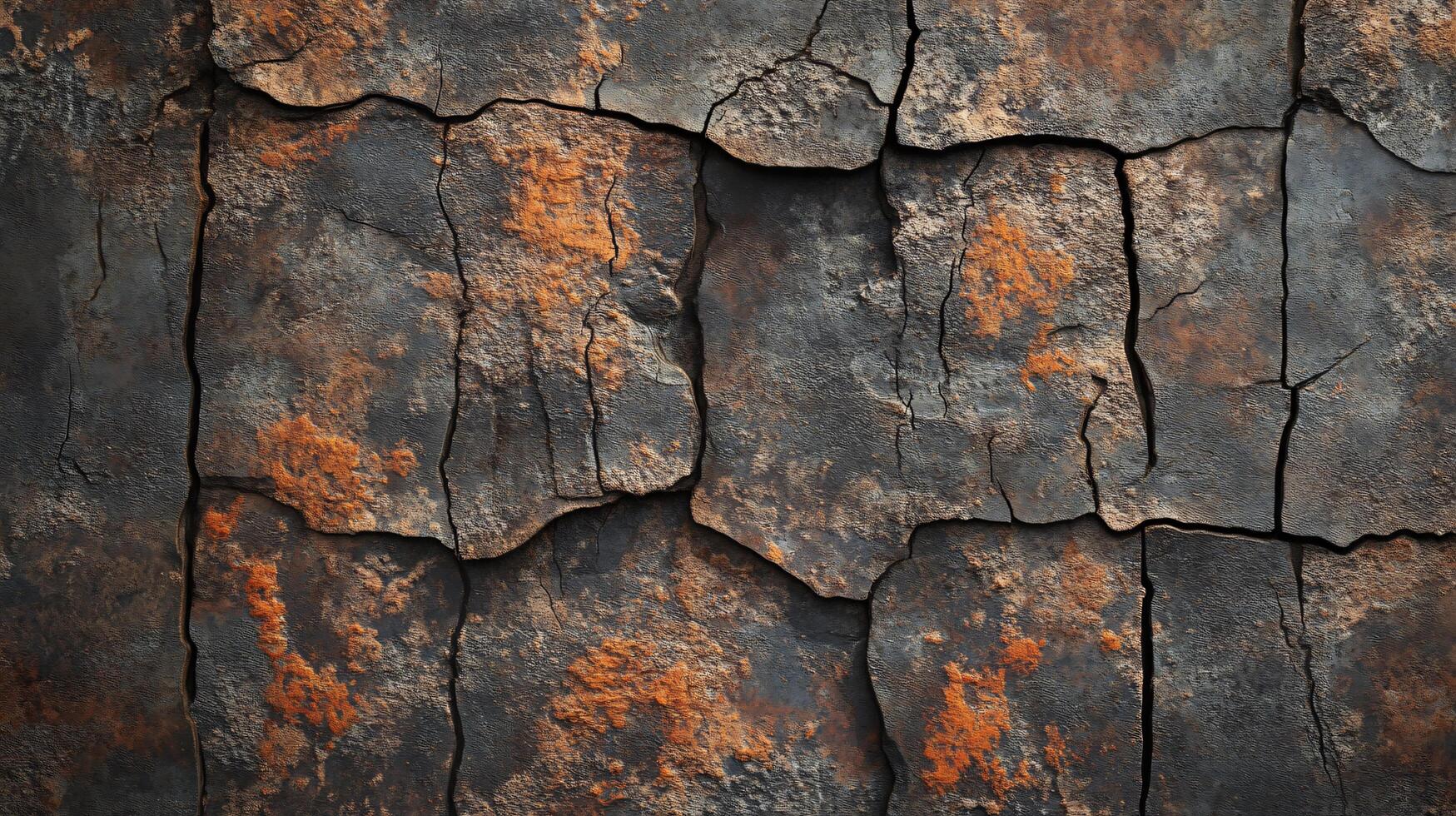Wall with cracks and rust. The wall is made of stone and has a rough texture. The cracks and rust give the wall a sense of age and decay photo