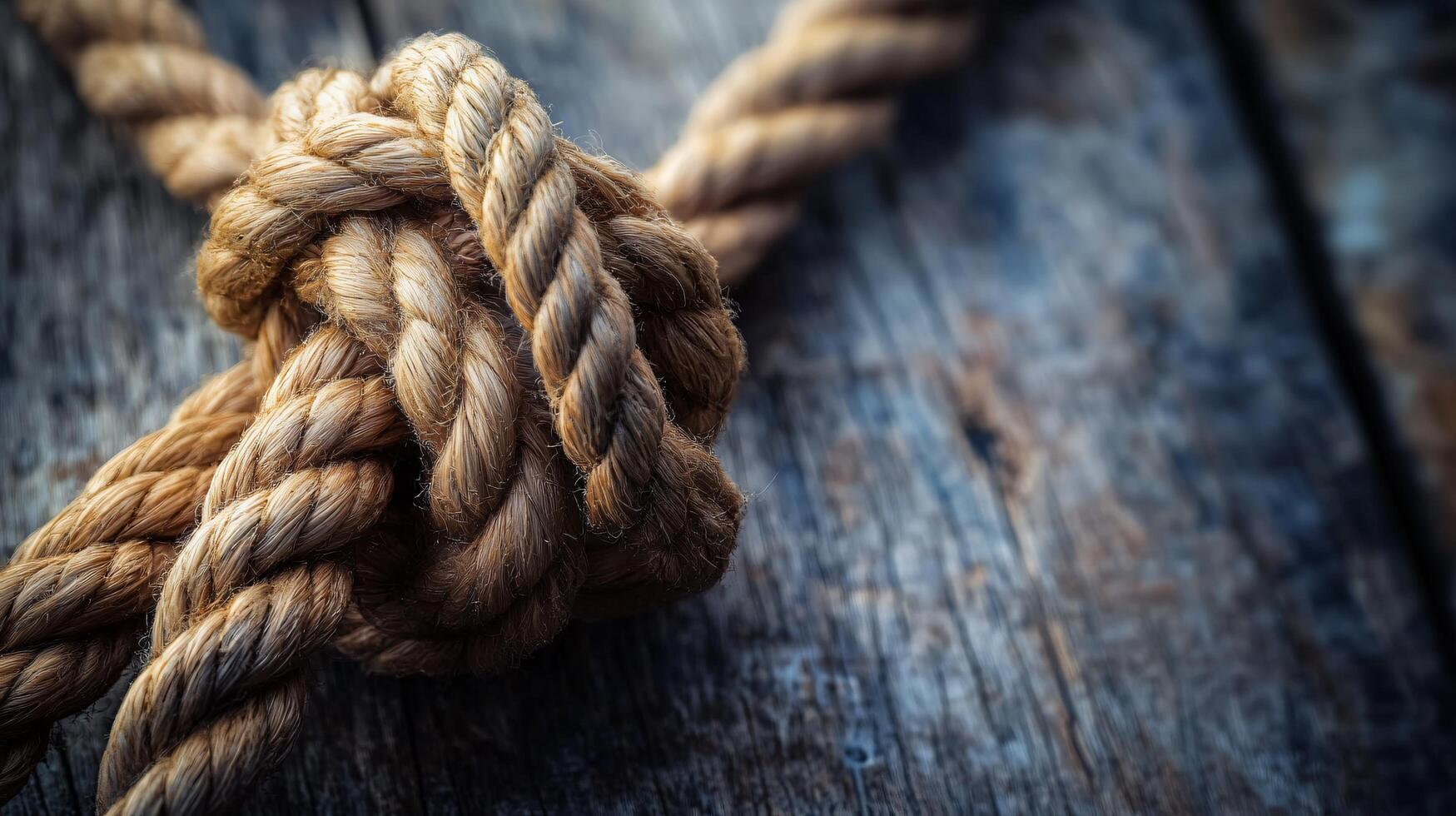 Rope is tied in a knot on a wooden surface. The knot is large and the rope is brown photo
