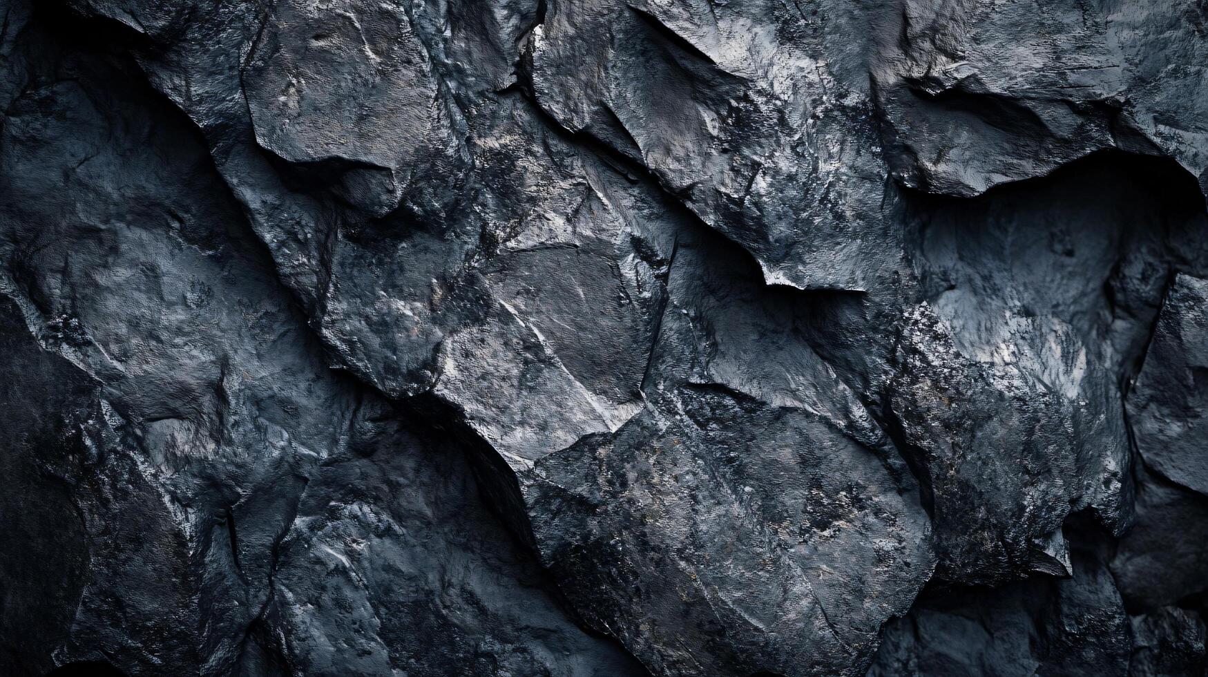 Close up of a rock wall with a dark blue color. The wall is made of large rocks and has a rough texture. Concept of ruggedness and strength, as the rocks seem to be unyielding photo