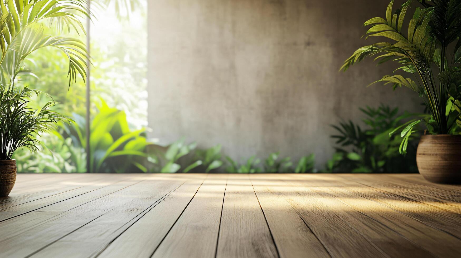 Room with a wooden floor and two potted plants. The plants are on the left and right side of the room. The room is empty and has a natural feel to it photo
