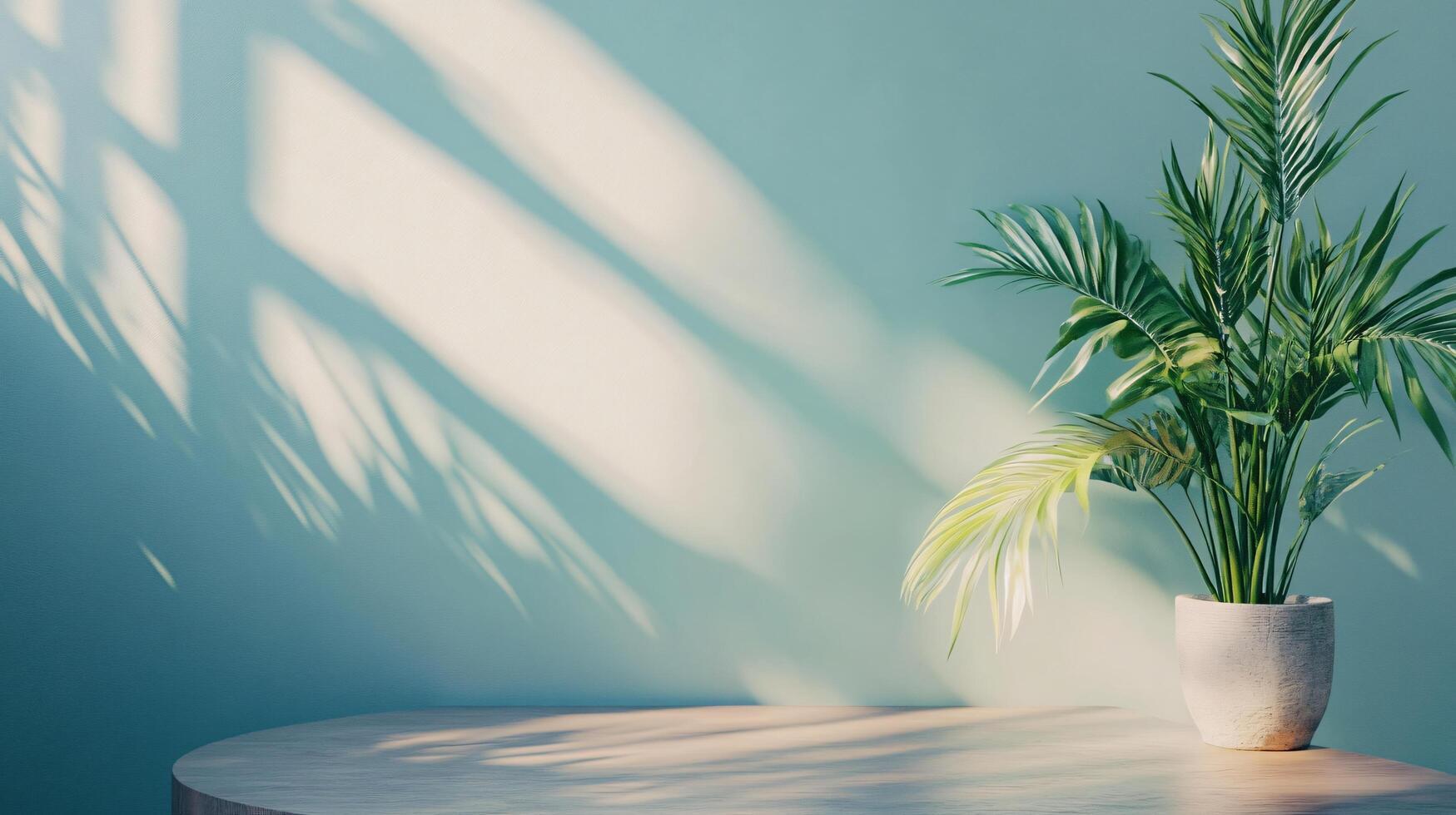 Potted plant sits on a table in front of a wall. The plant is tall and has green leaves. The table is round and made of wood. The room is bright and sunny photo