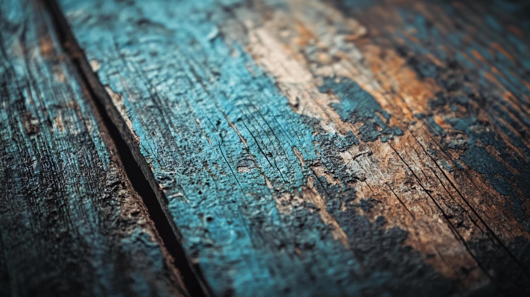 Wooden surface with a blue and brown color scheme. The wood appears to be old and worn, with a faded blue hue. Scene is somewhat melancholic photo