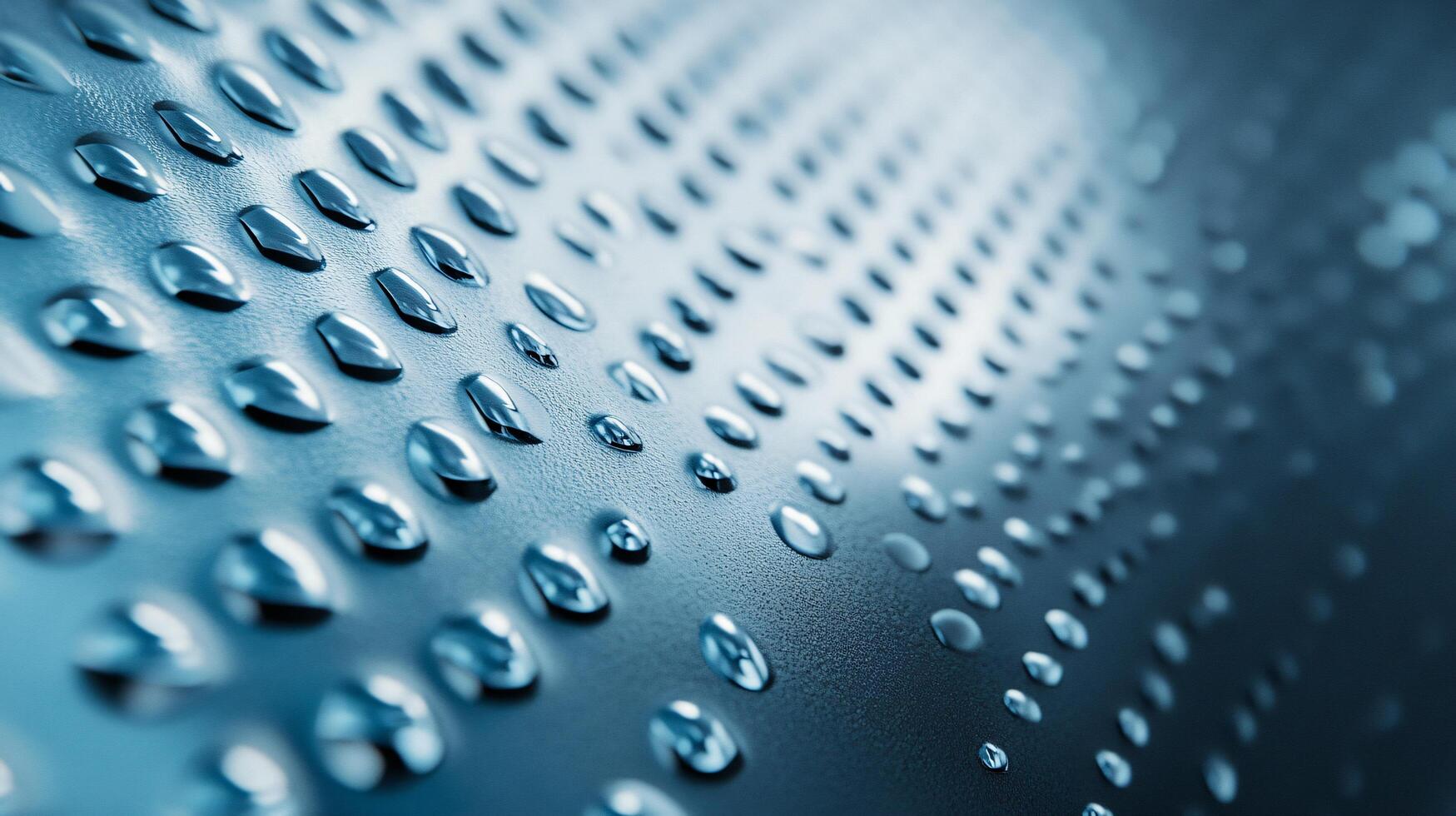 The image is of a blue surface with many small dots on it. The dots are water droplets, and the surface appears to be wet. The image has a calm and serene mood photo