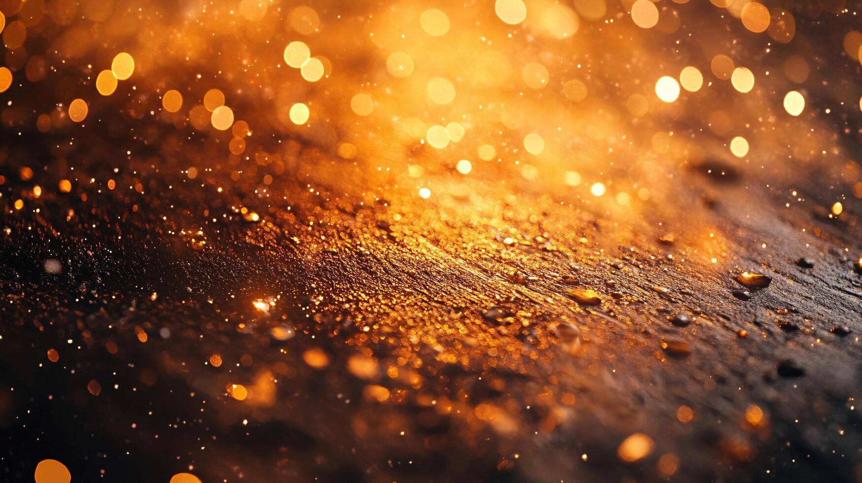Blurry image of a wet surface with a lot of glitter. The glitter is scattered all over the surface, creating a sparkling effect. The wet surface could be a puddle or a wet floor photo