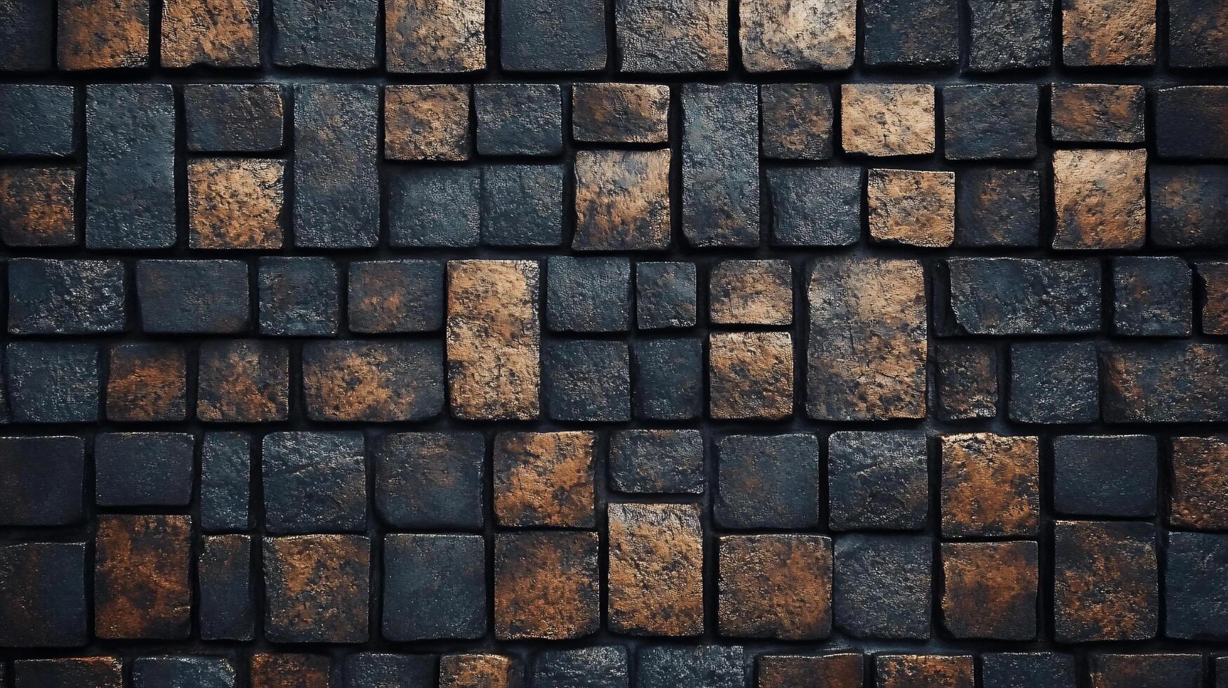 The wall is made of bricks and has a brown and black color. The bricks are arranged in a way that creates a textured and visually interesting surface. The wall appears to be old and weathered photo