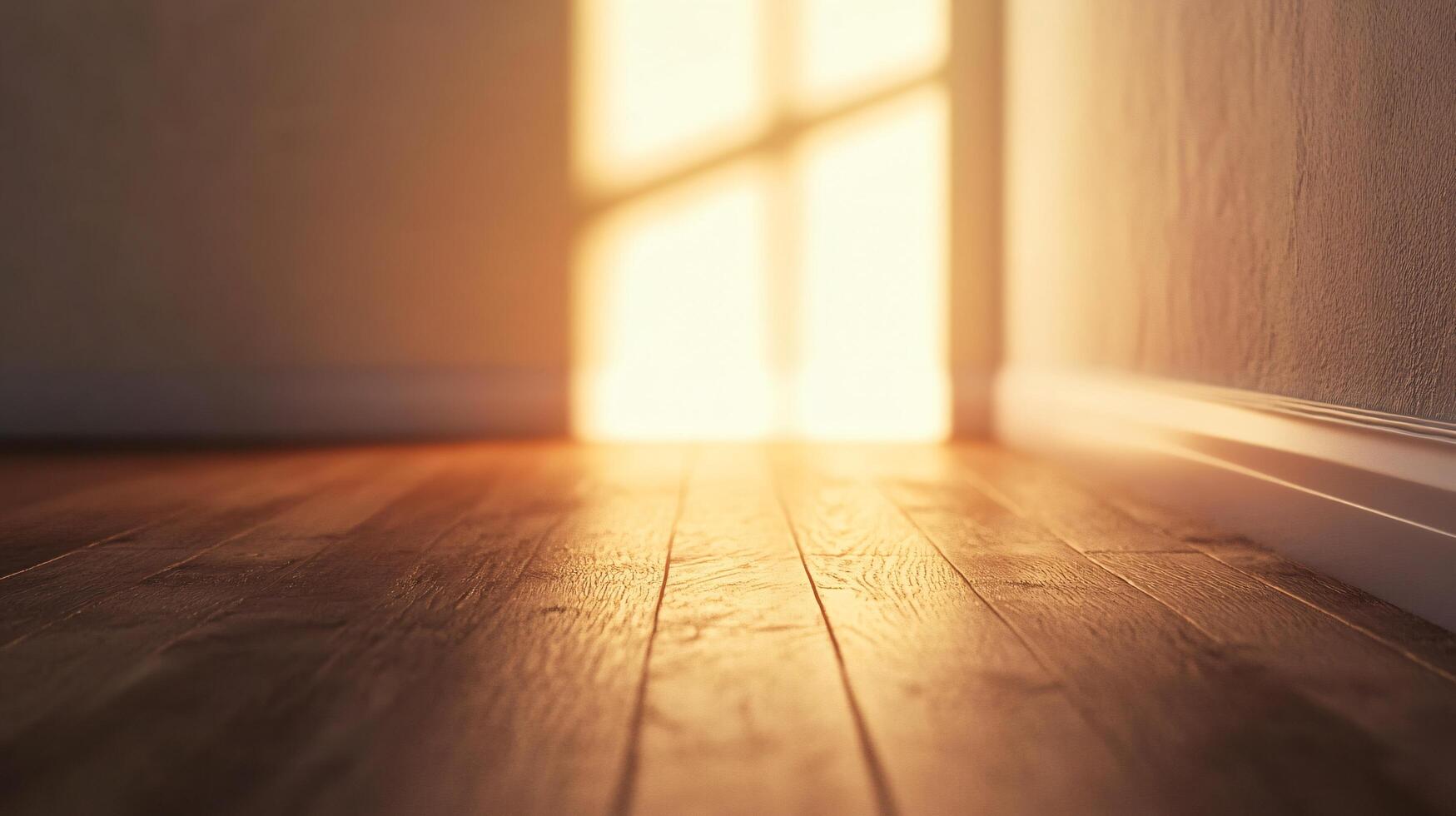 Room with a window and a wooden floor. The sun is shining through the window, creating a warm and inviting atmosphere photo
