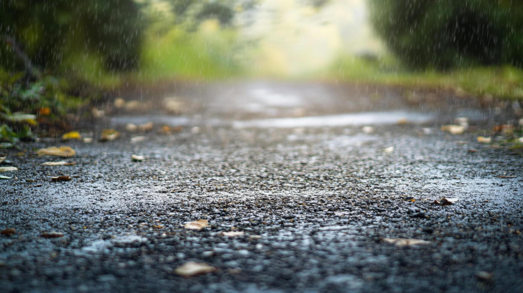 Road is wet and covered in leaves. The leaves are scattered across the road, and the water is reflecting the sunlight. The scene has a peaceful and calming mood, as the rain photo