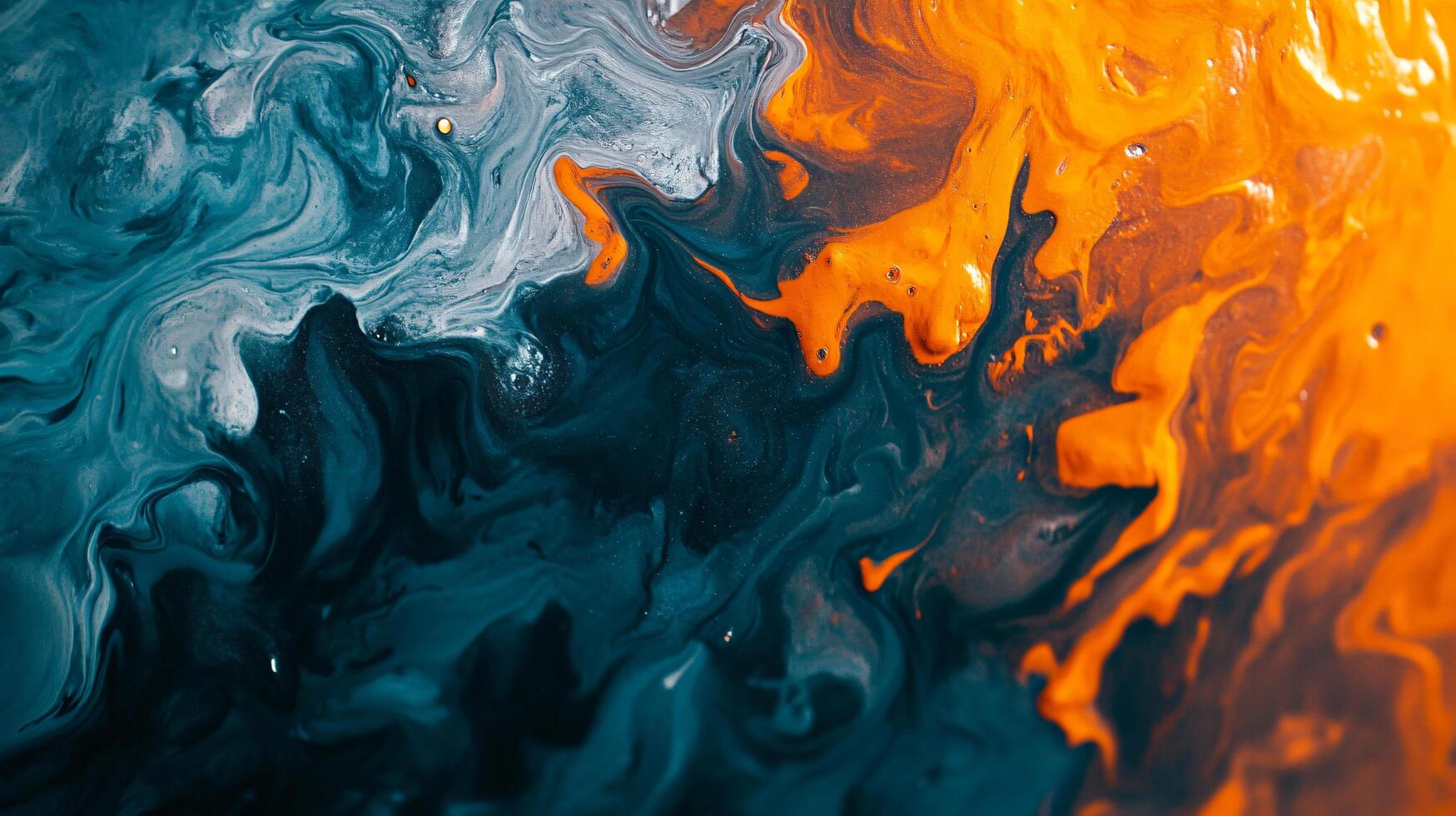 The painting is a mix of blue and orange colors, with a lot of swirls and splatters. It gives off a feeling of chaos and energy, as if the colors are in constant motion. The painting is abstract photo