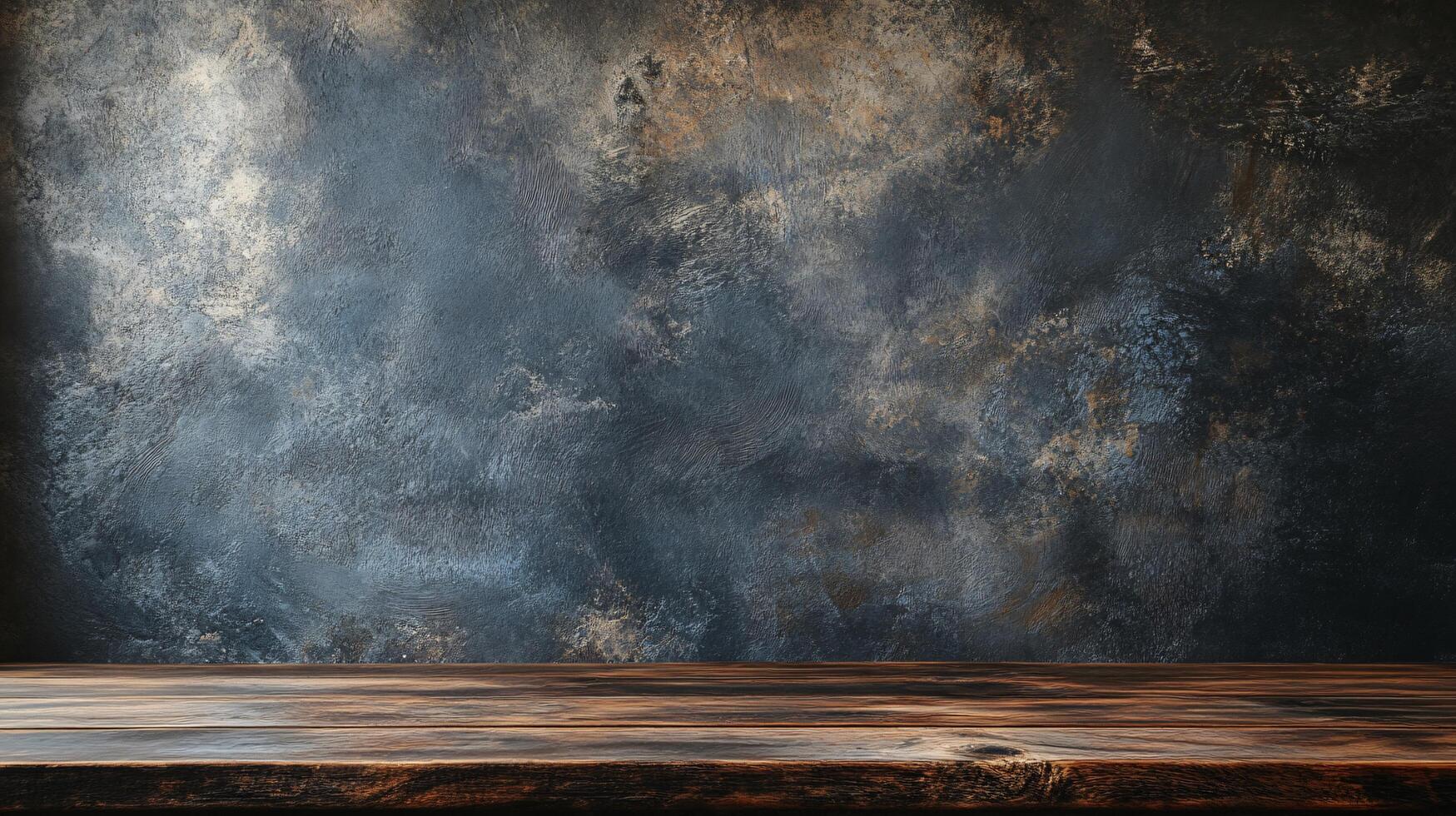 Wooden table with a wall behind it. The wall is covered in paint and has a textured appearance photo