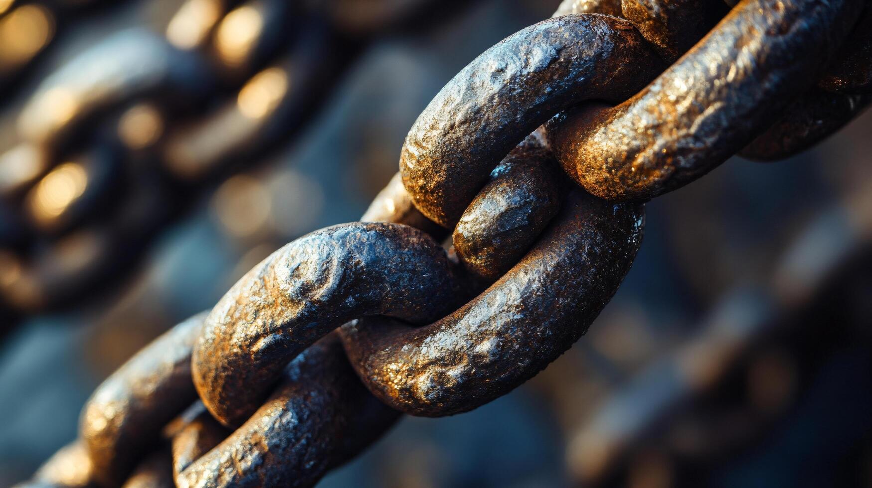 Chain link is shown in a close up. The chain is rusty and has a worn appearance. Concept of decay and abandonment photo