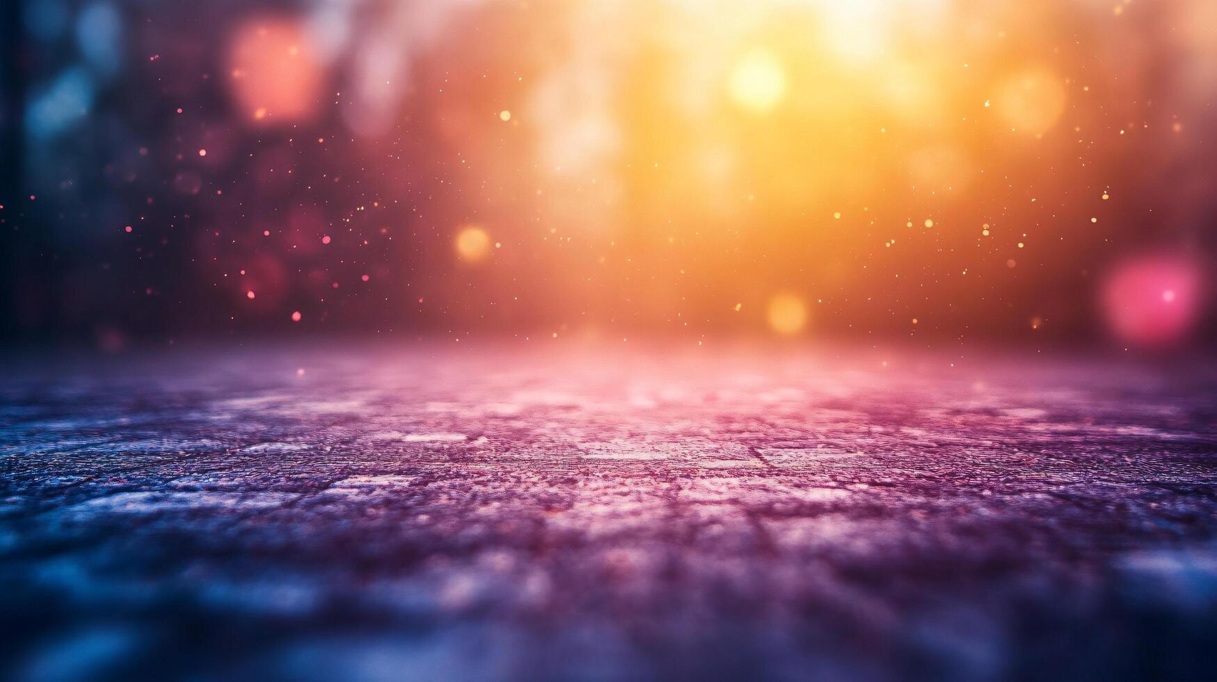 Blurry image of a city street with a bright orange sun in the background. The scene is filled with bright colors and a sense of movement, giving it a lively and energetic mood photo