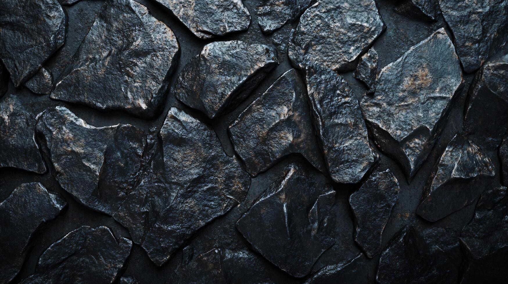 Close up of a black stone wall with a rough texture. The wall is made up of many small stones, and the overall effect is a rugged, natural appearance. Concept of strength and durability photo