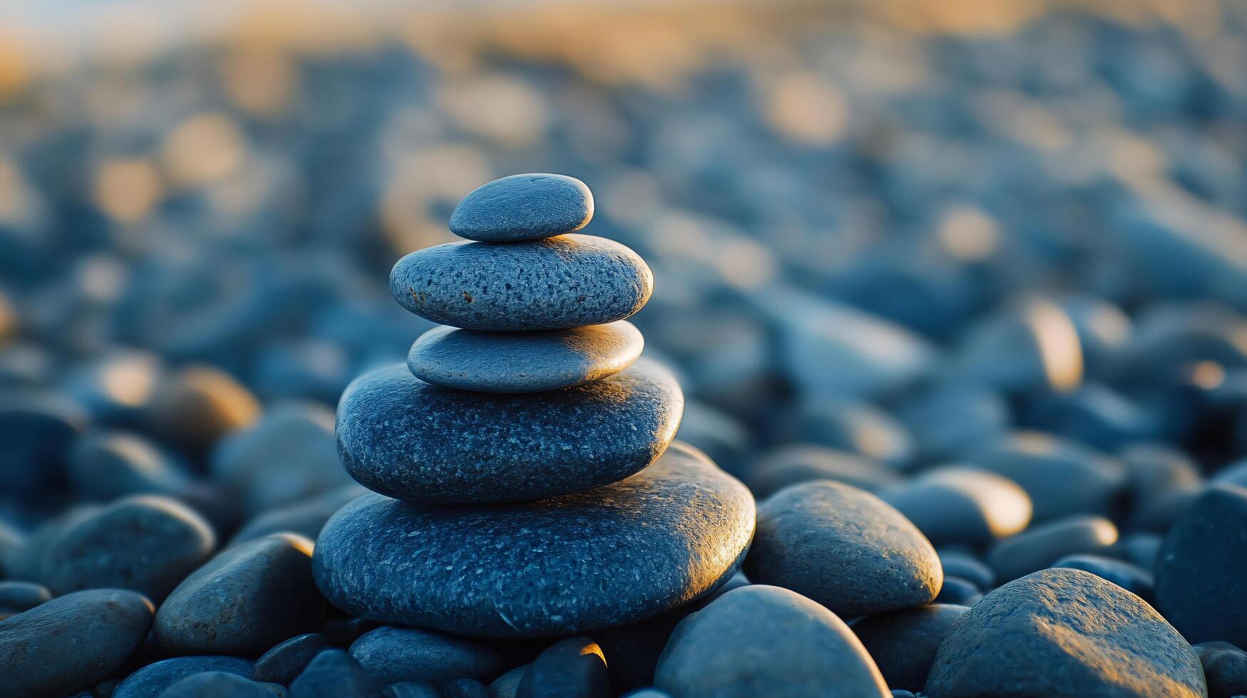 Stack of rocks is on a beach. The rocks are blue and white. The beach is rocky and the rocks are scattered all over the beach photo