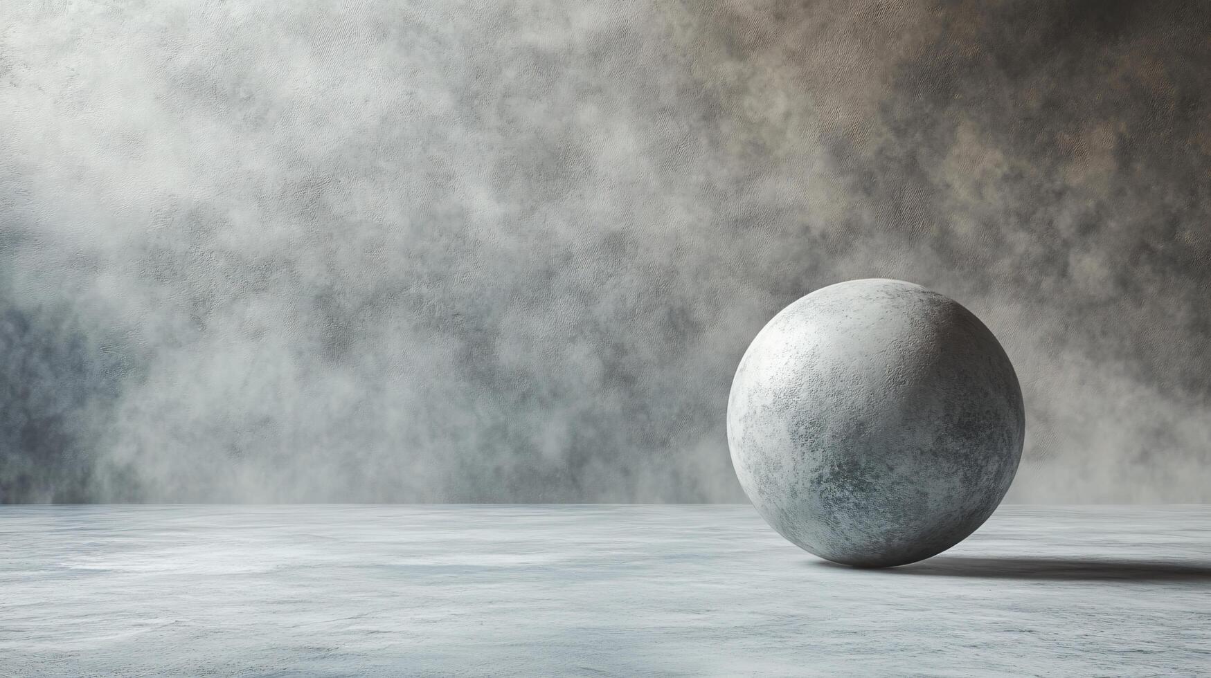 Grey and white stone ball is sitting on a grey and white floor. The ball is the only object in the image, and it is the focal point of the scene photo
