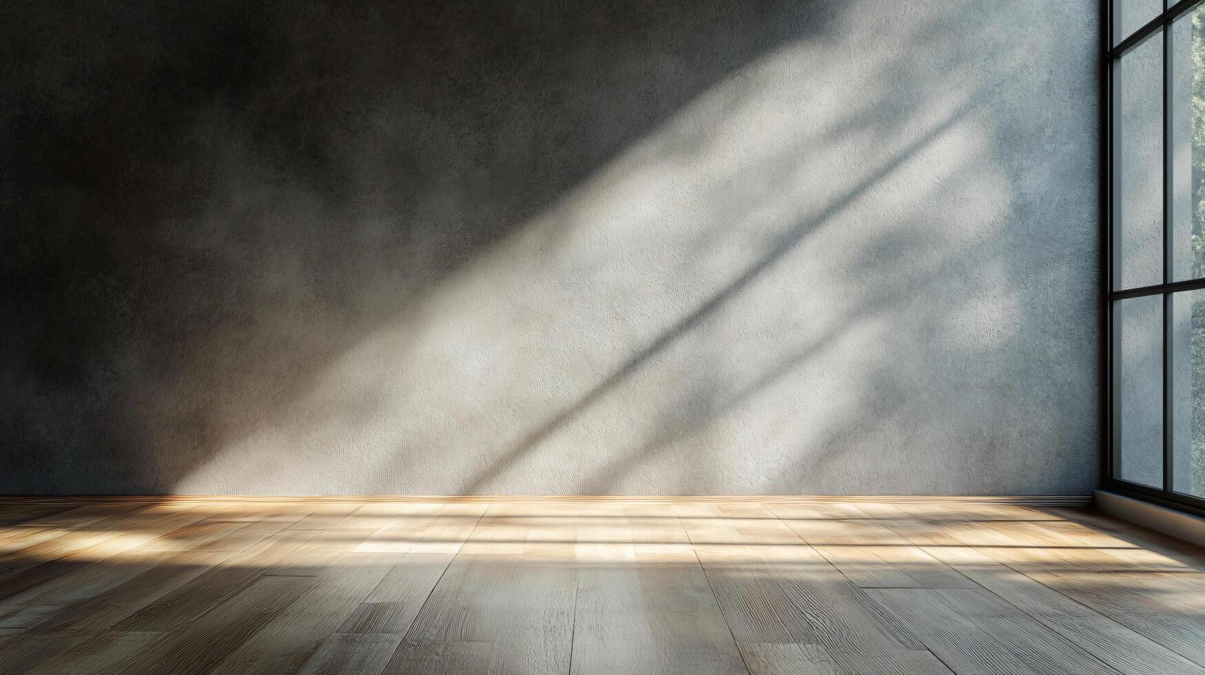 Large empty room with a window and a shadow on the wall. The room is bare and empty, with no furniture or decorations. The window lets in natural light, creating a warm and inviting atmosphere photo