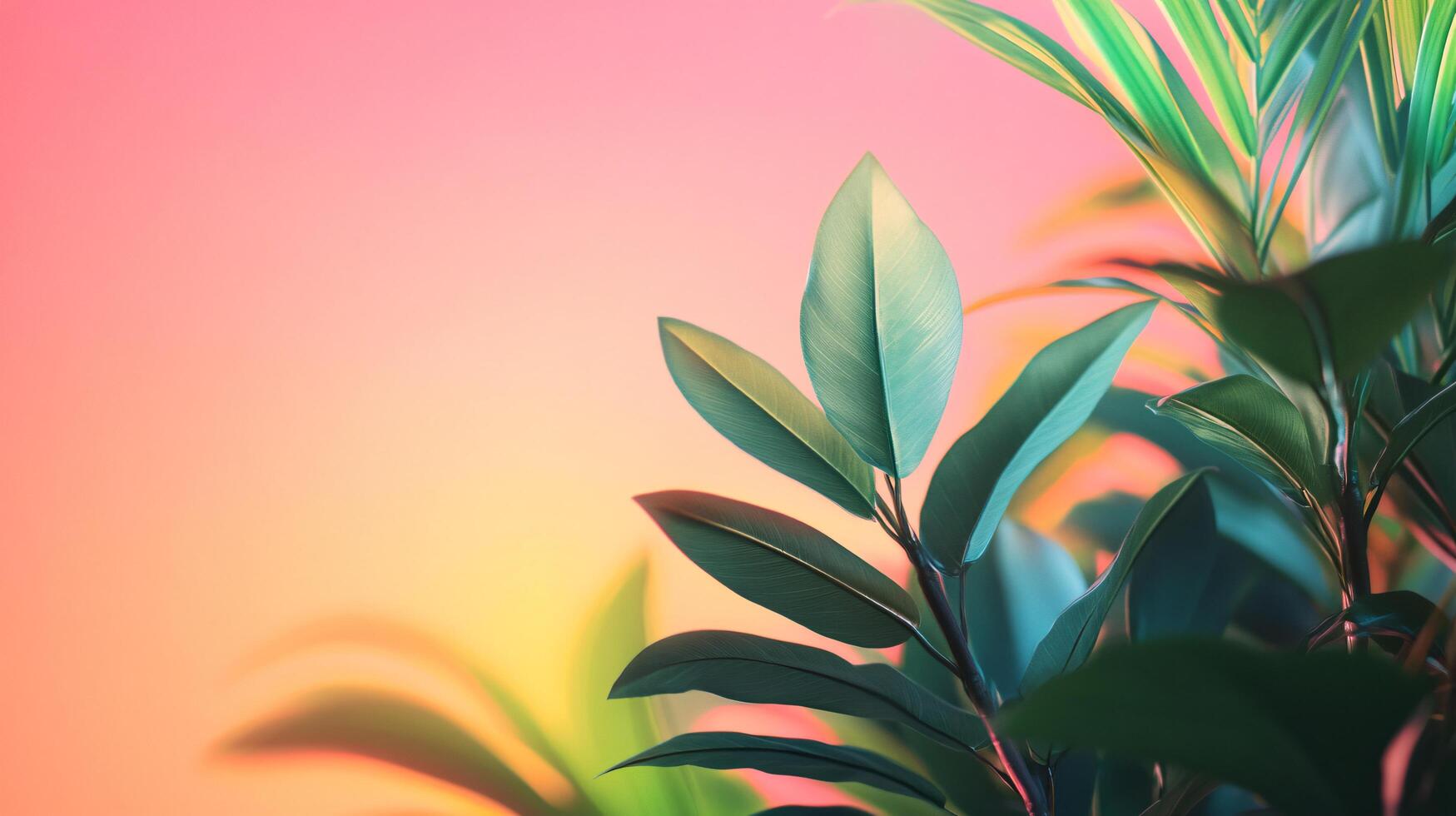 Vibrant green plant with a pink background is the main focus of the image. The leaves are large and full, giving the plant a lush and healthy appearance. The pink background adds a pop of color photo