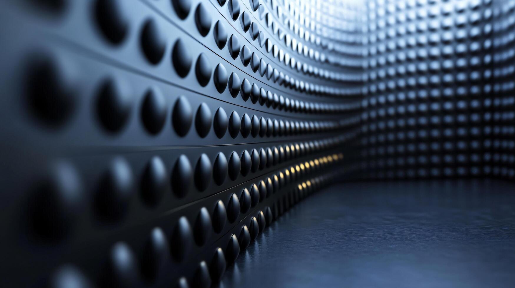 Wall of black dots with a yellow line in the middle. The dots are arranged in a way that creates a sense of depth and movement. The yellow line adds a pop of color photo