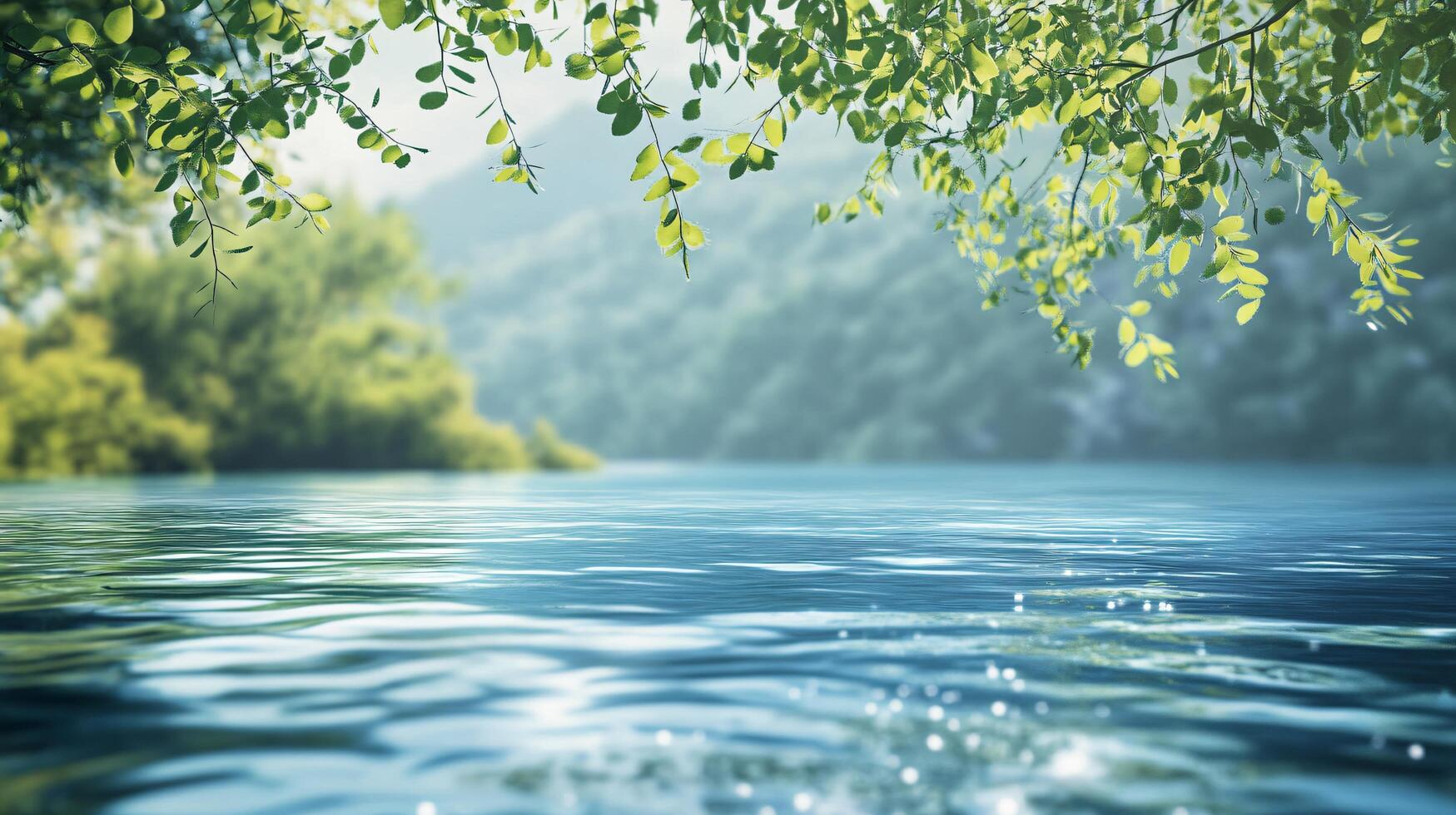Body of water with a tree branch over it. The water is calm and clear photo