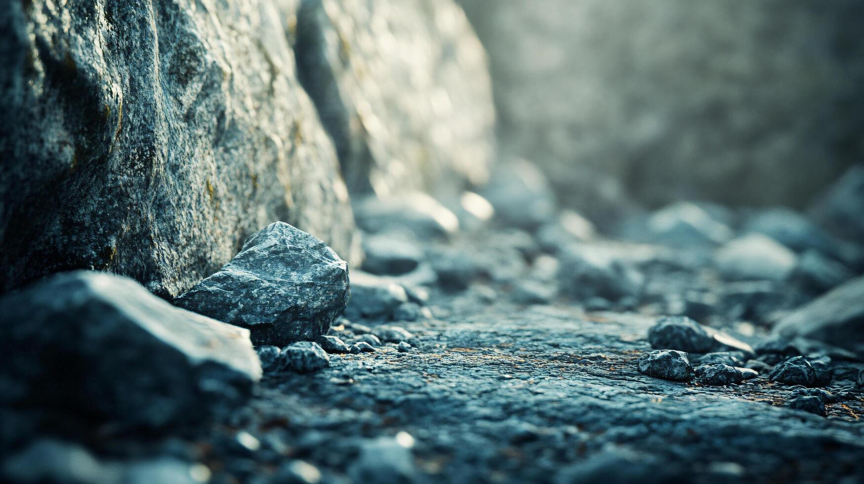 Rocky area with a large rock in the foreground. The rocks are scattered and the ground is covered in them. The image has a moody and rugged feel to it photo