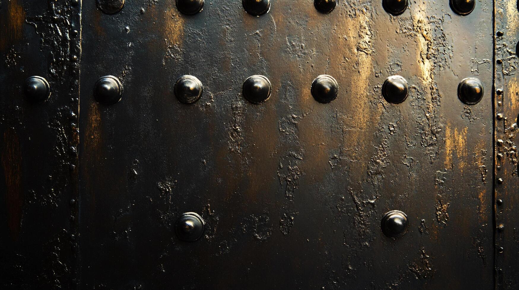 Black and brown metal surface with many small holes. The holes are spaced out and are of various sizes photo