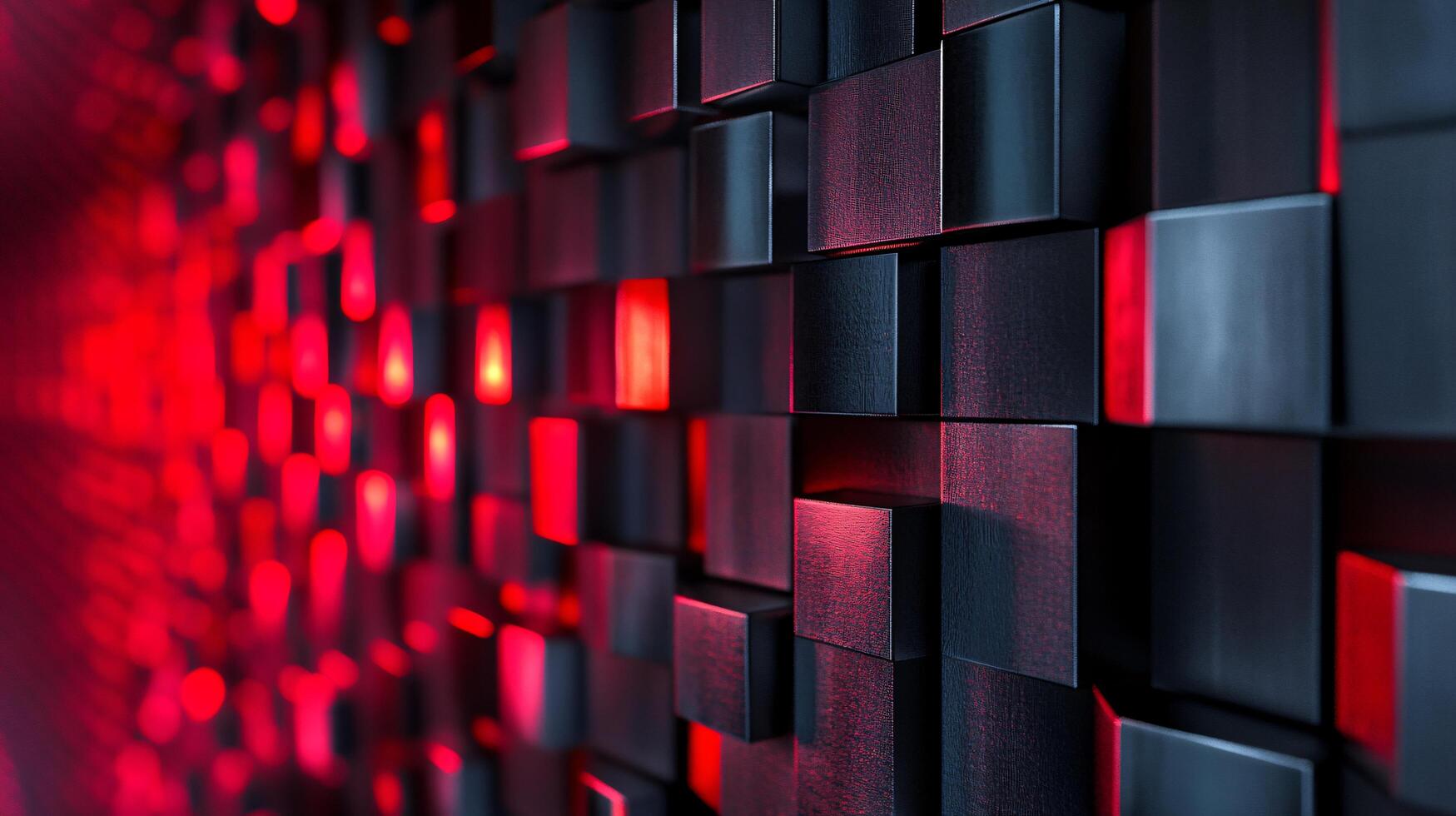 Wall of black and red cubes with a red background. The cubes are arranged in a way that creates a sense of depth and texture. The red background adds a bold and dramatic element to the scene photo