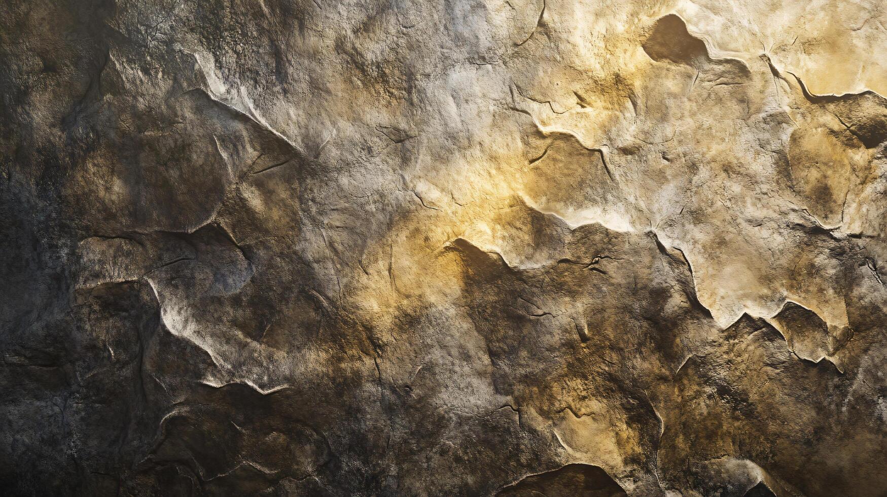 Painting of a rocky mountain with a lot of texture and a lot of brown and gold colors photo