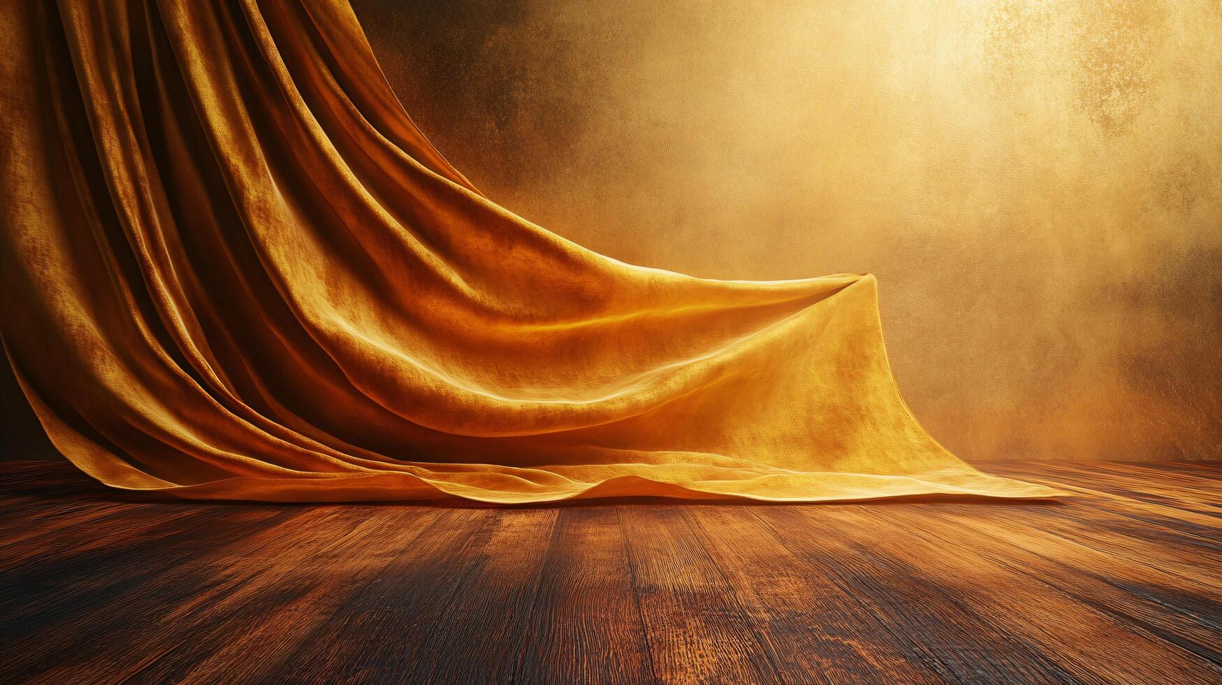 Gold curtain is draped over a wooden floor. The curtain is long and flowing, creating a sense of elegance and luxury. The room appears to be empty, with no furniture or decorations visible photo