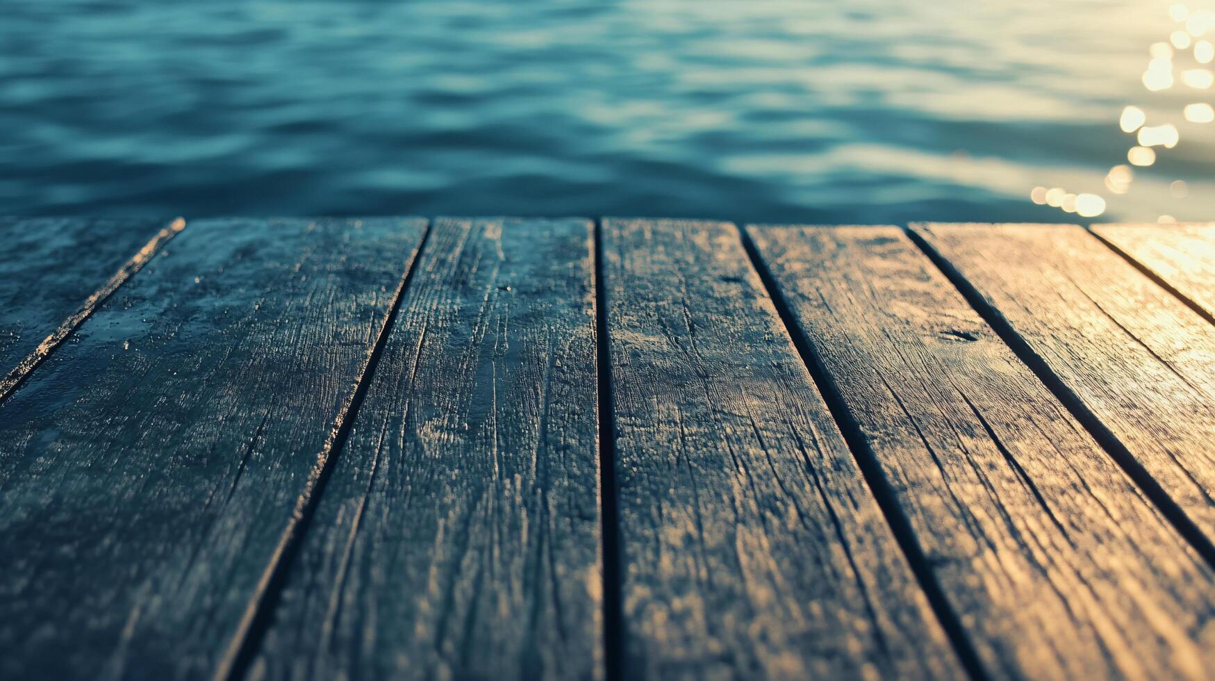 Wooden deck with a view of the water. The water is calm and the sun is shining on the deck photo