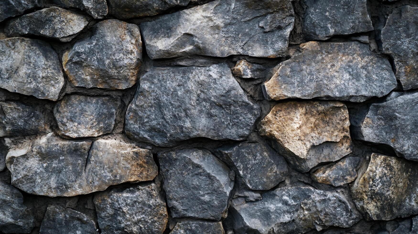 Wall made of gray and brown stones. The wall is rough and uneven. The stones are of different sizes and shapes. The wall appears to be old and weathered photo