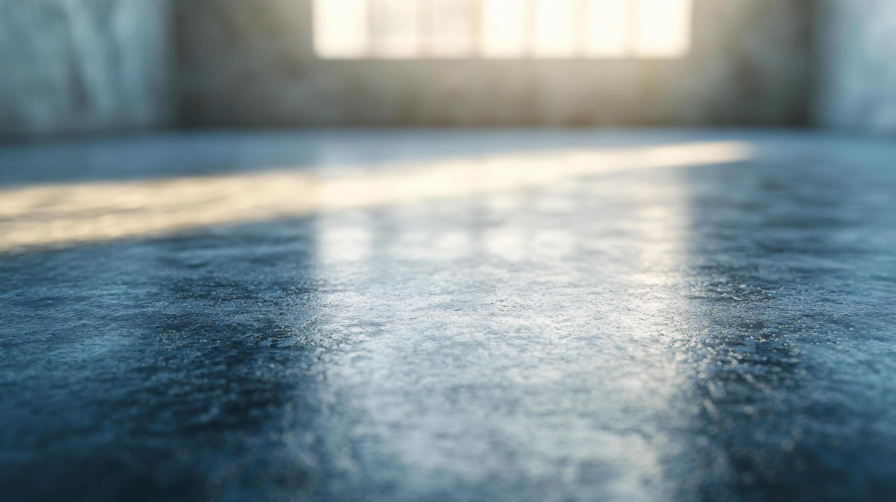 Room with a window and a floor that is wet. The floor is blue and the window is letting in sunlight photo